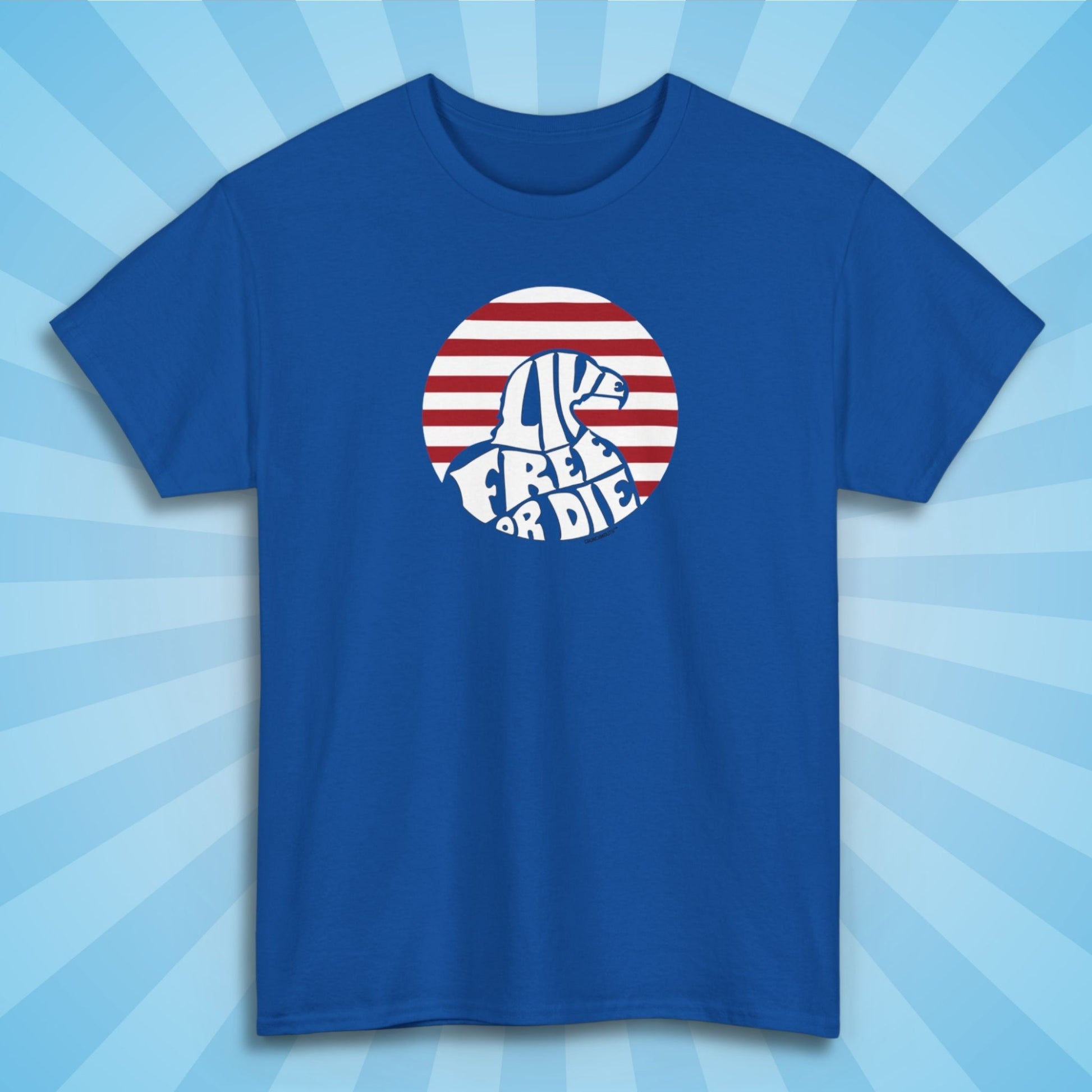 live free or die shirt, royal blue color, sun rays design background