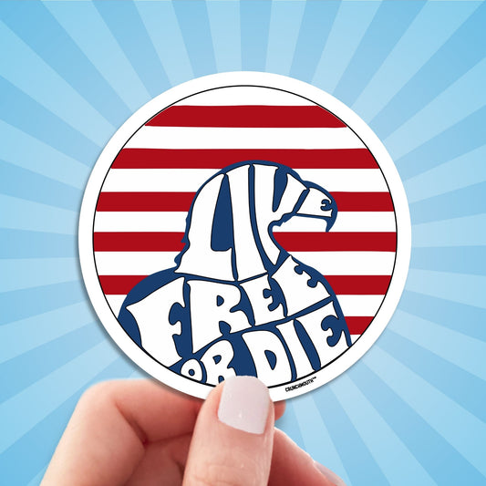 live free or die sticker, hand display, sun rays design background