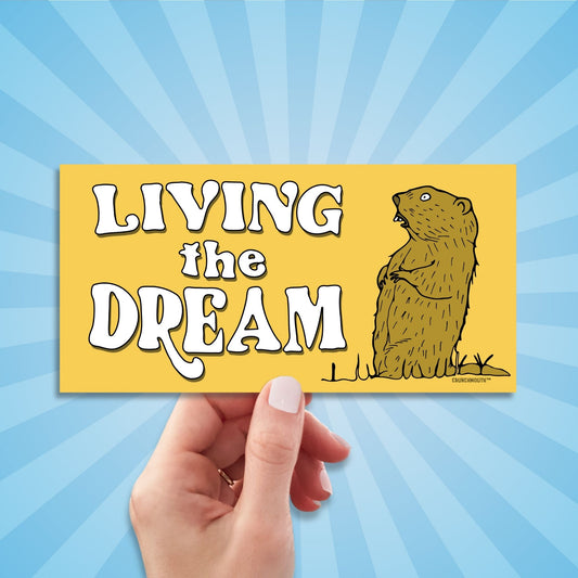 living the dream, funny groundhog bumper sticker, hand display, sun rays design background