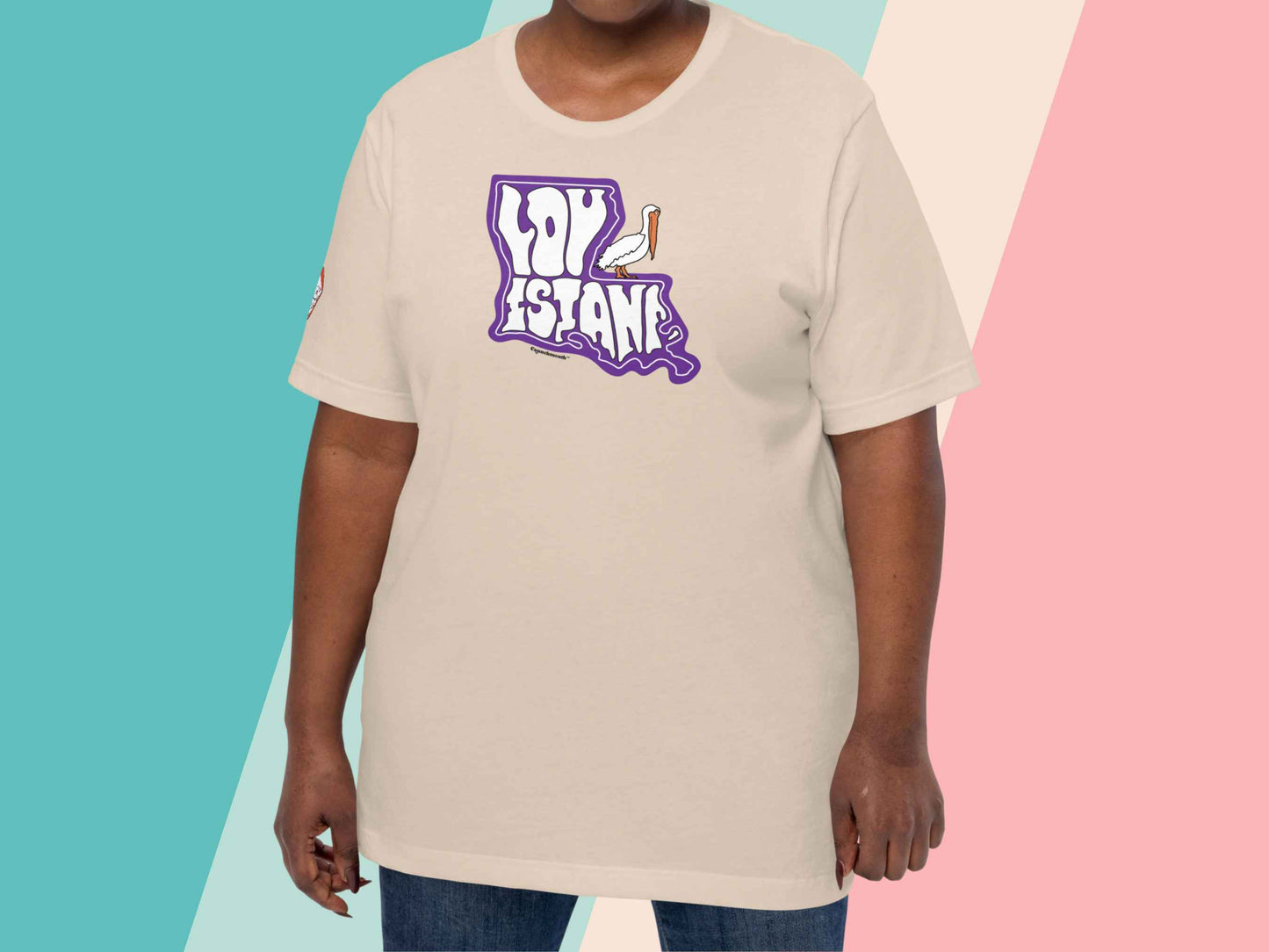 louisiana t shirt, retro vintage t shirts, female model, front, pastel stripe background