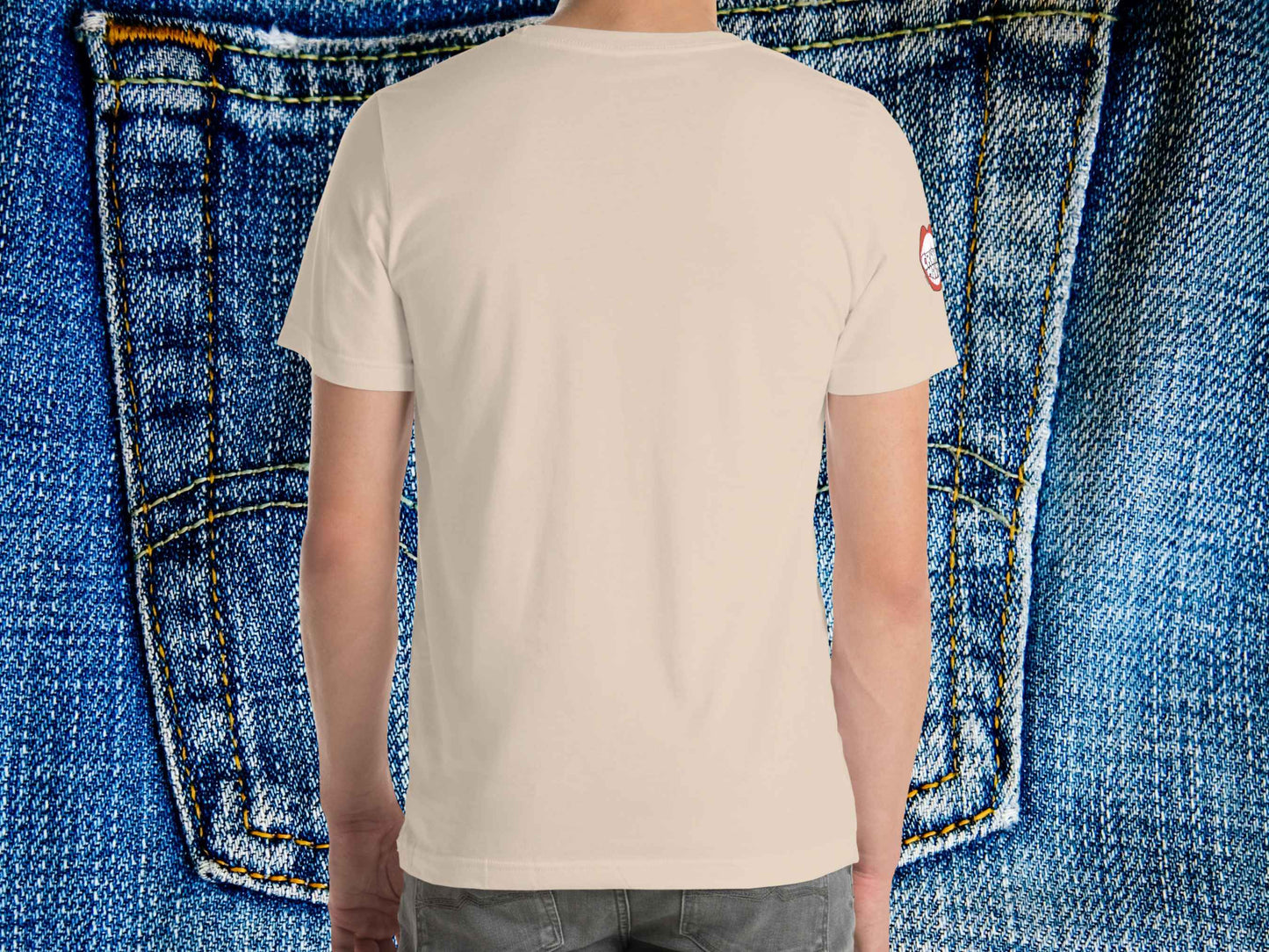 louisiana t shirt, family vacation shirts, back view, male model, blue jeans background