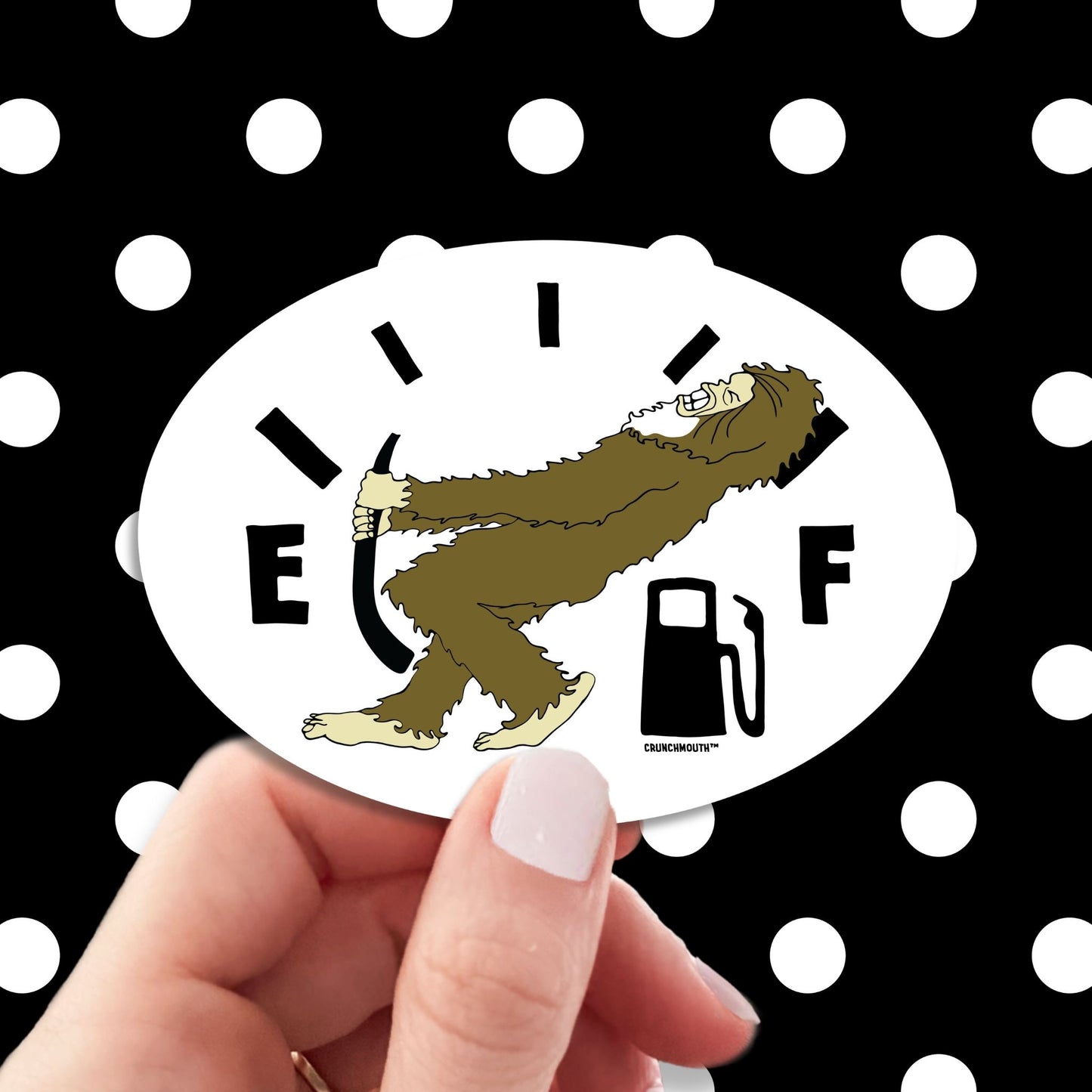 low fuel bigfoot sticker, hand display, polka dots pattern design background
