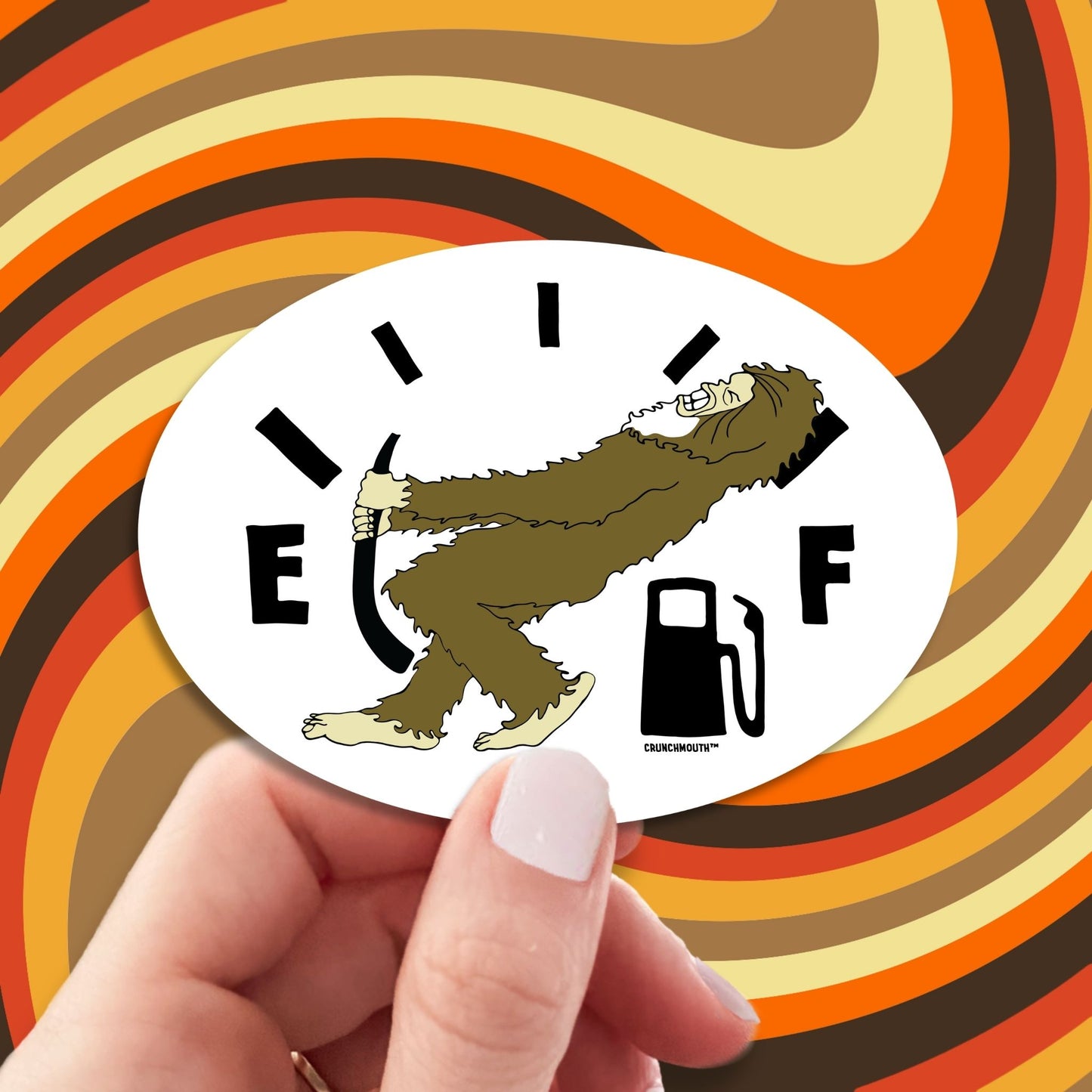 low fuel bigfoot sticker, hand display, retro design background

