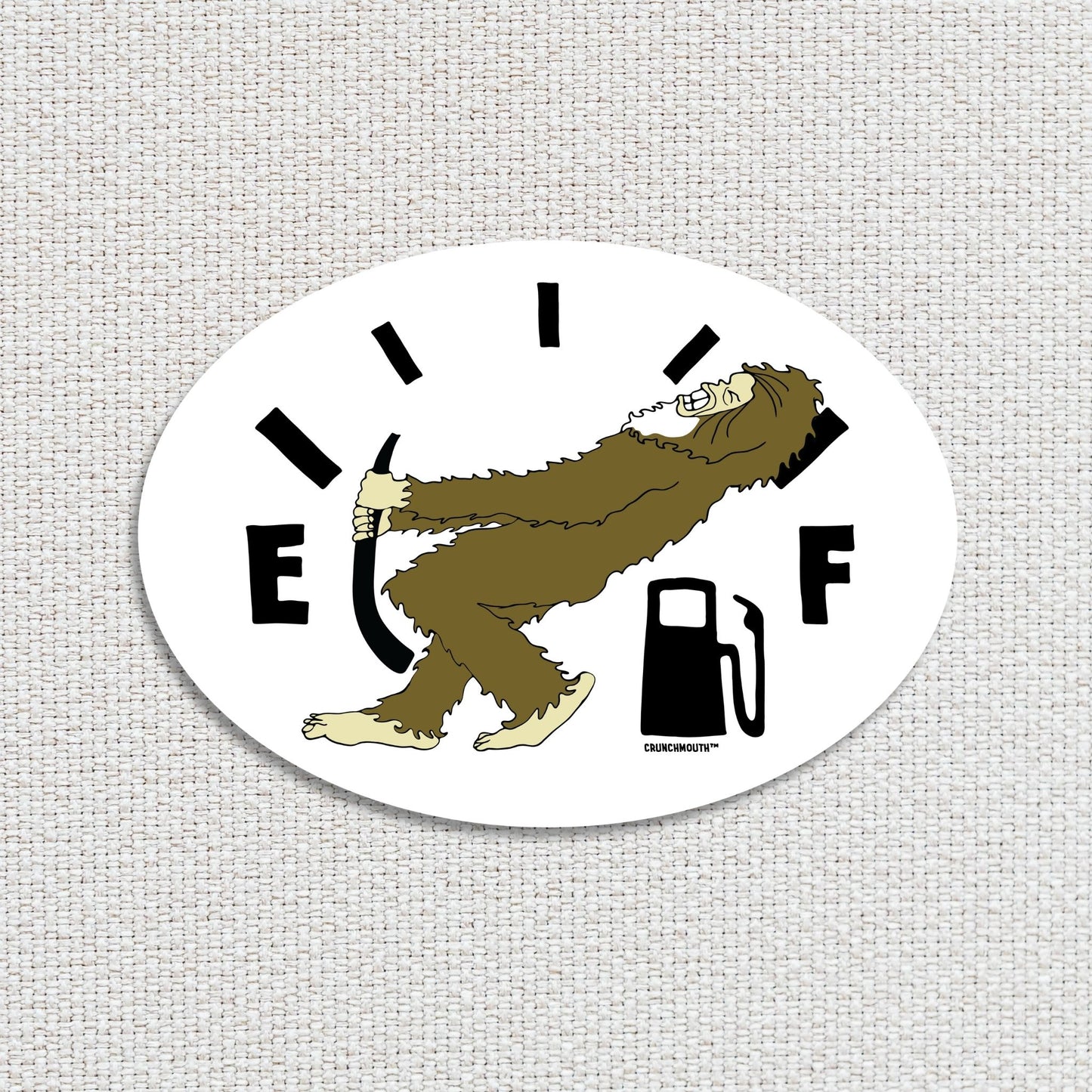 low fuel bigfoot sticker,, textured fabric background
