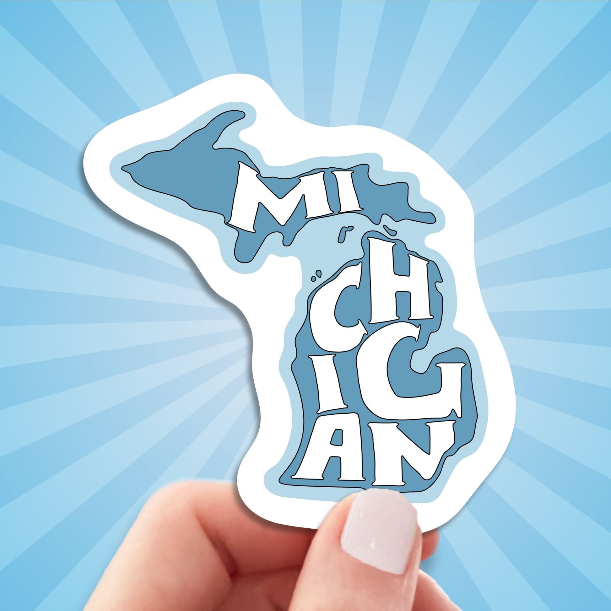 state of Michigan travel luggage sticker, hand display, sun rays design background
