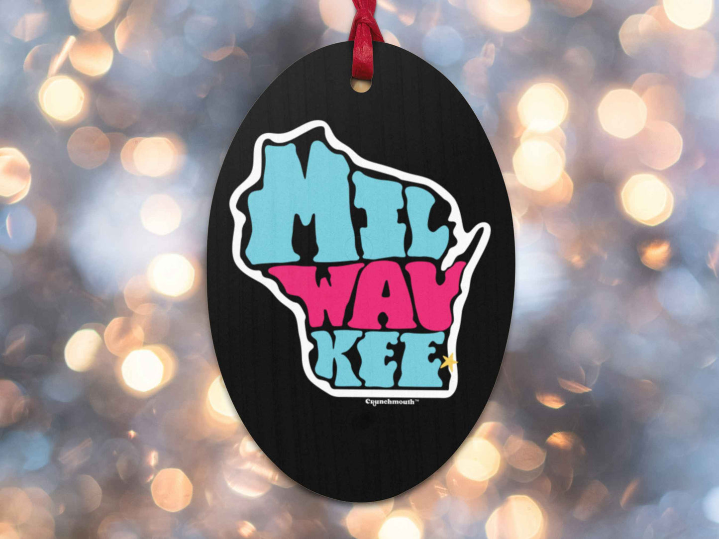 milwaukee ornaments, retro Christmas ornaments, back, Christmas lights background 