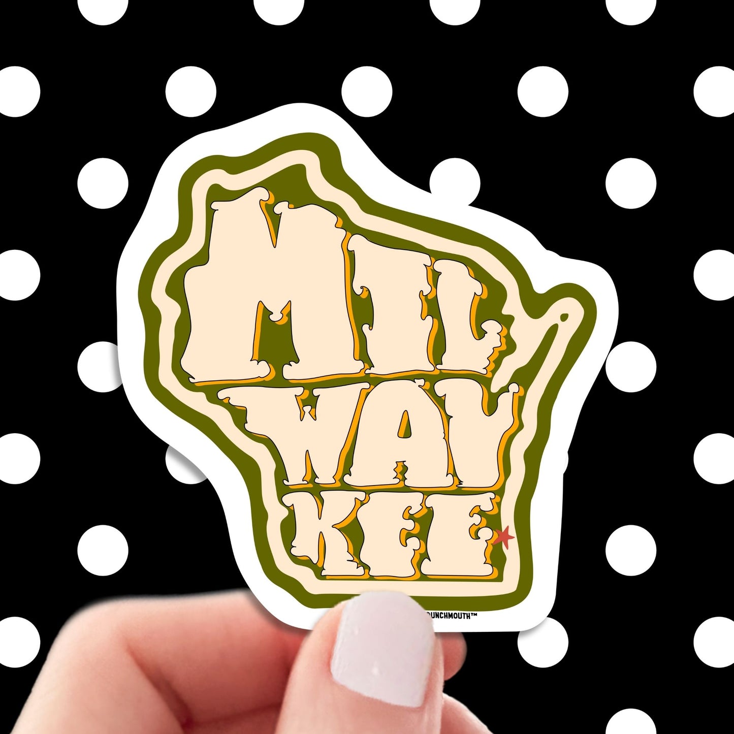 milwaukee travel luggage sticker, hand display, polka dots pattern design background