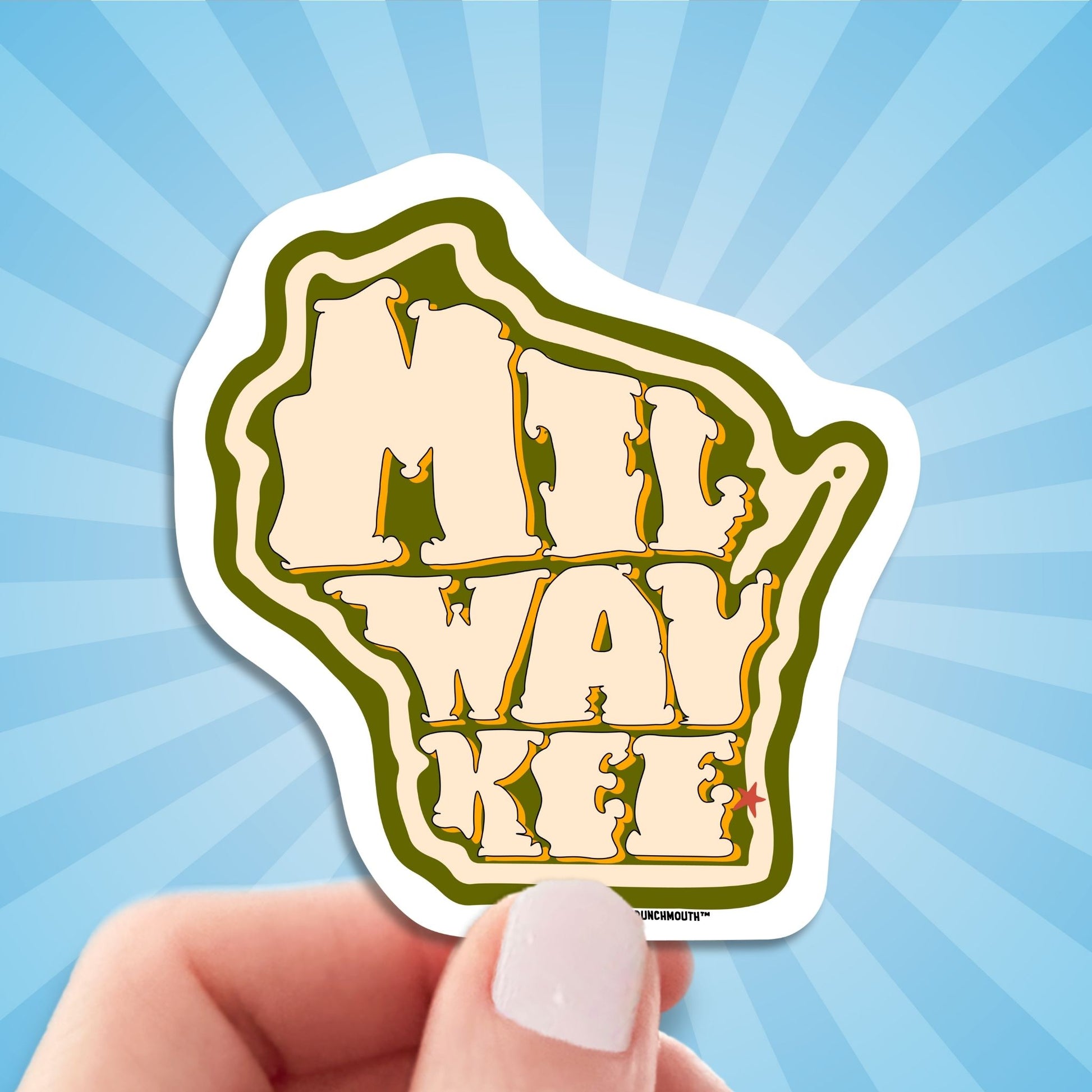 milwaukee travel luggage sticker, hand display, sun rays design background