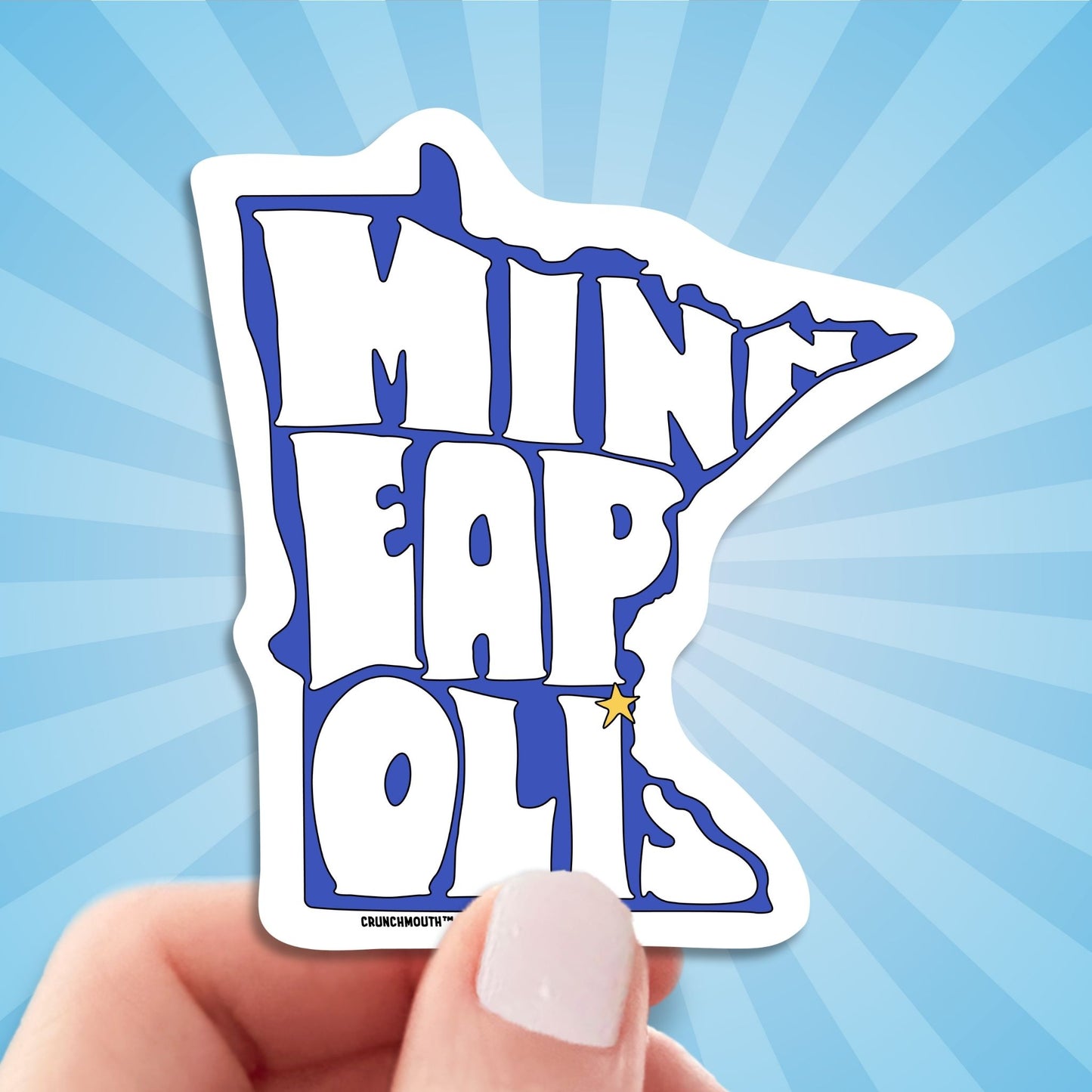 minneapolis travel luggage sticker, hand display, sun rays design background