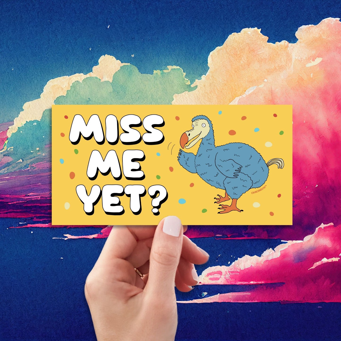 dodo bird bumper sticker, miss me yet?, funny bumper stickers, hand display, retro design background