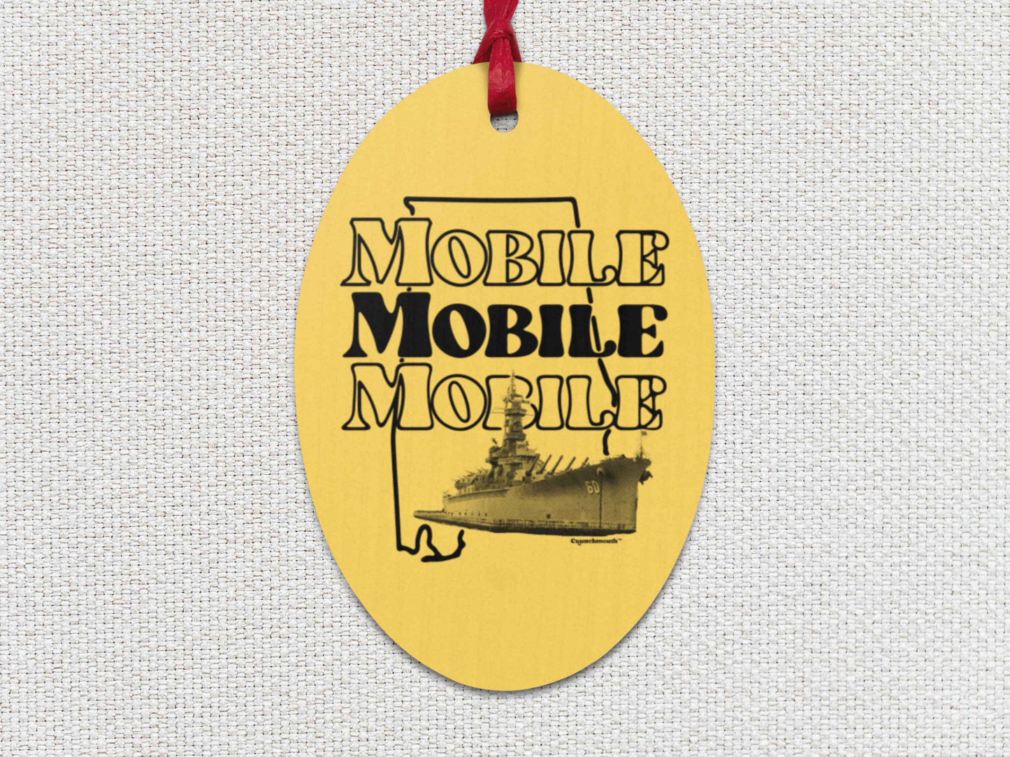 mobile Christmas ornament, uss alabama battleship, front, white textured background