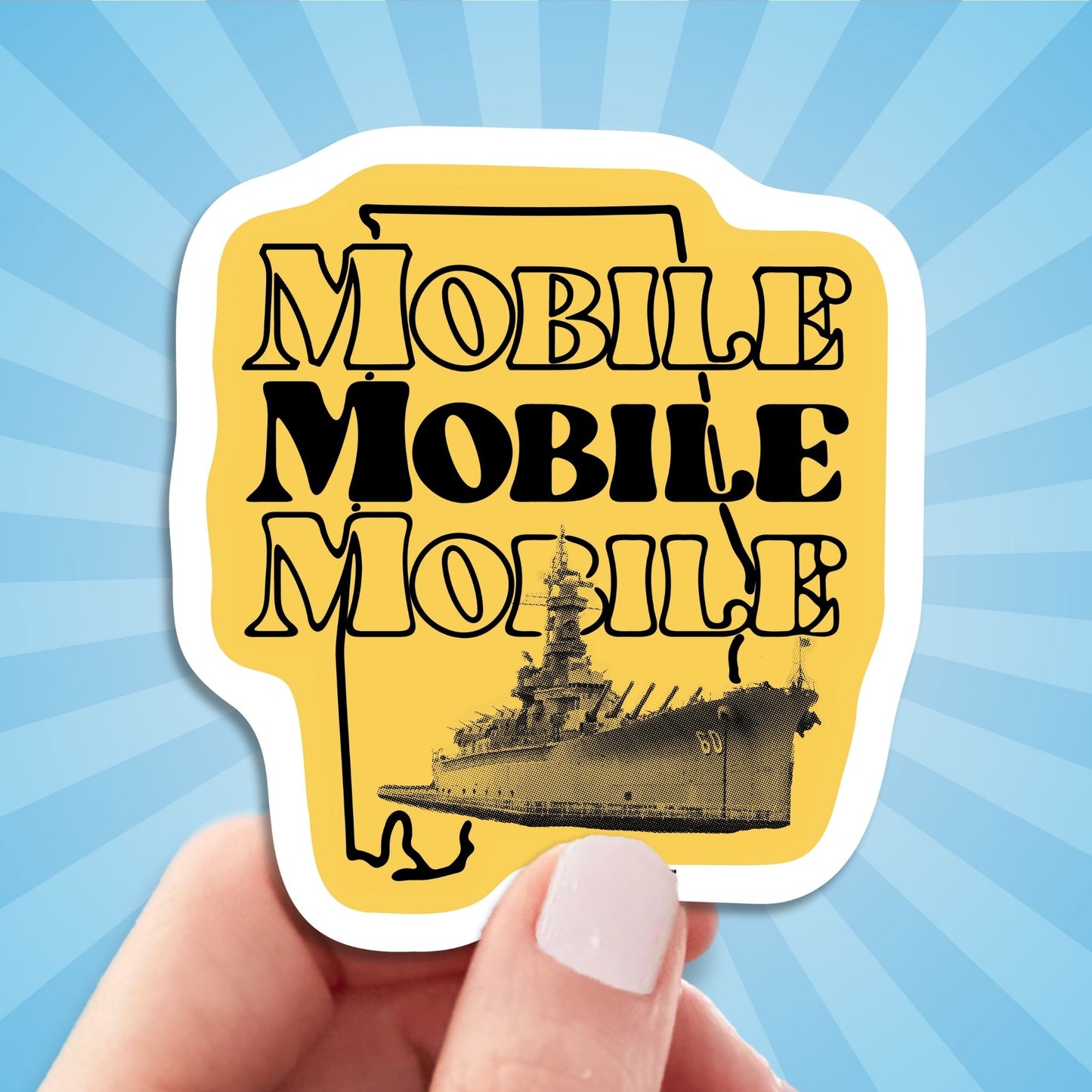 mobile alabama travel luggage sticker featuring uss alabama battleship, hand display, sun rays design background