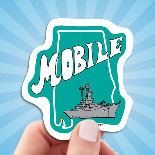 mobile alabama travel luggage sticker, hand display, sun rays design background