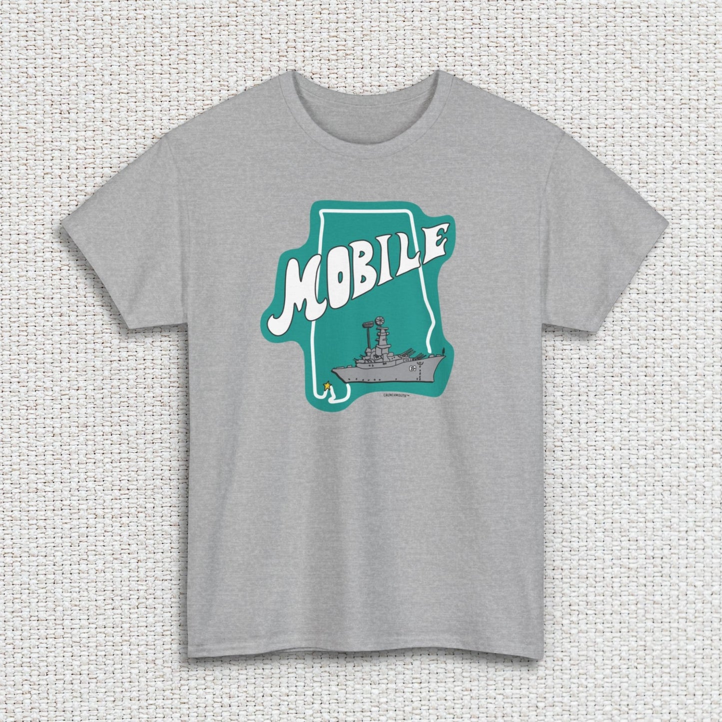 mobile alabama uss battleship shirt, sport grey color, white textured fabric background