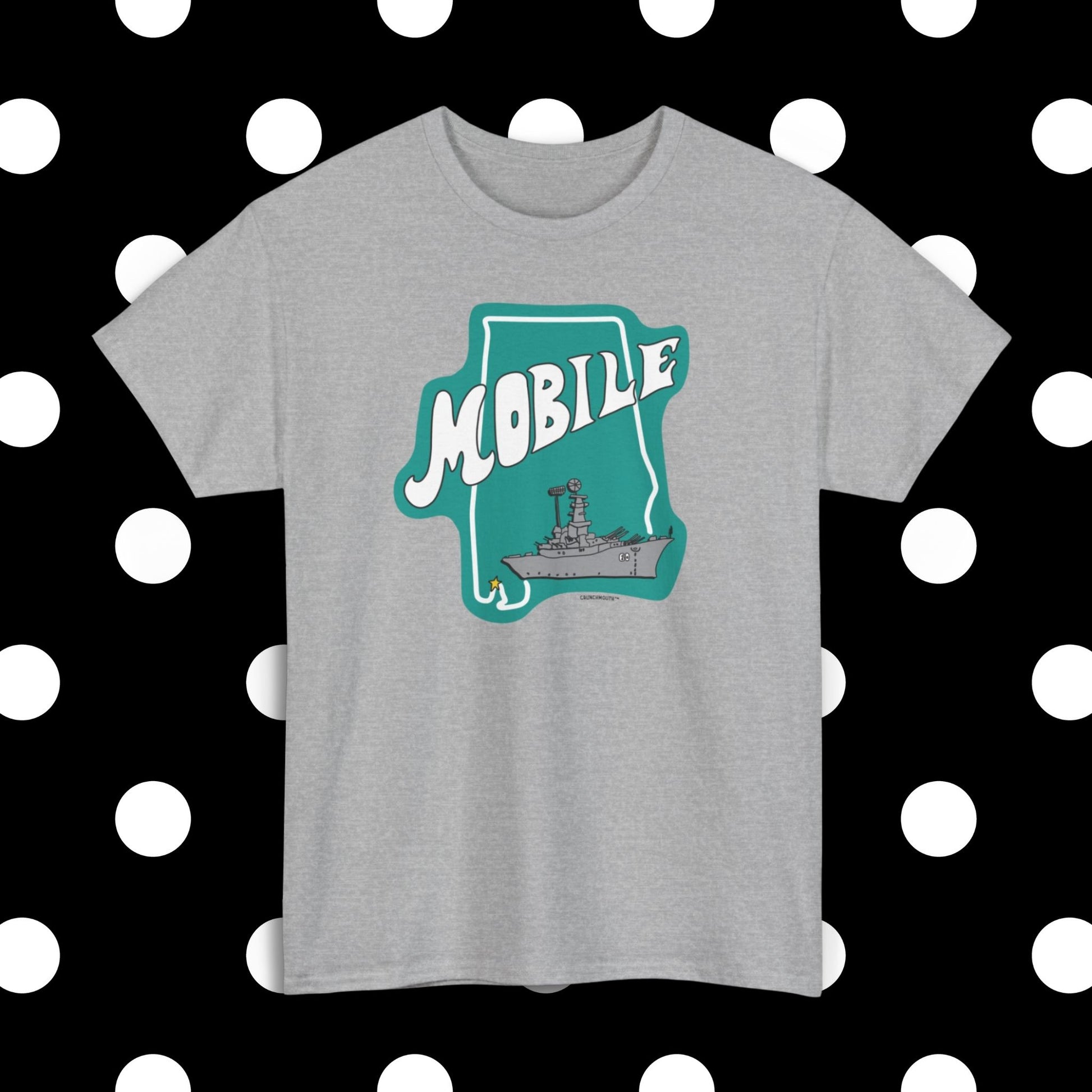 mobile alabama uss battleship shirt, sport grey color, polka dots pattern design background