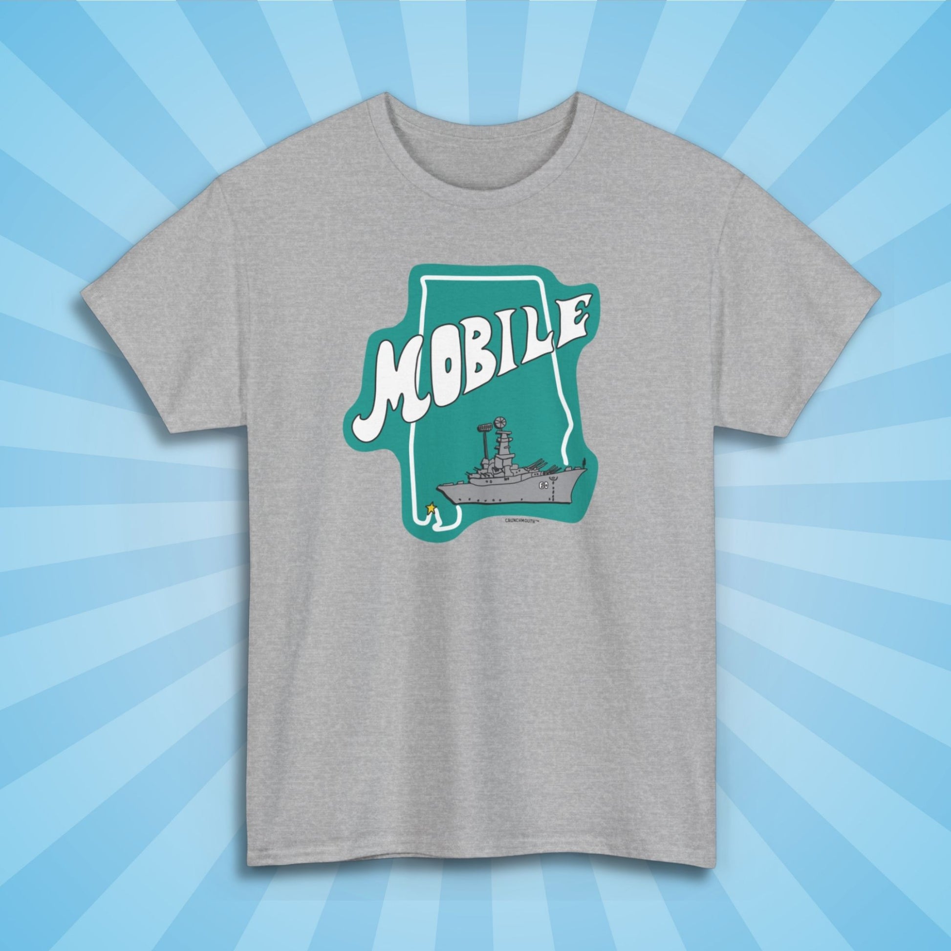 mobile alabama uss battleship shirt, sport grey color, sun rays design background