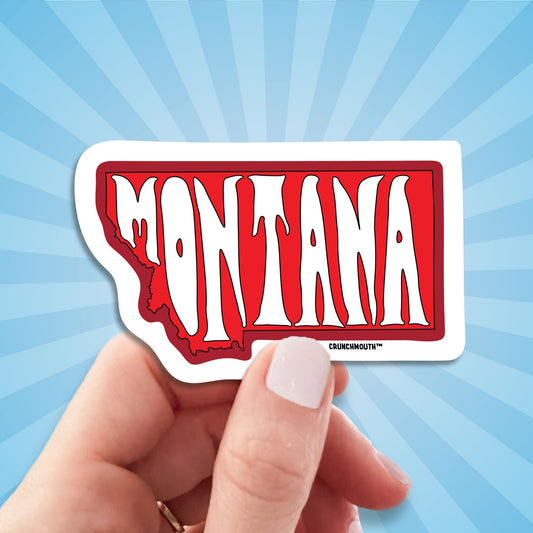 montana travel luggage sticker, hand display, sun rays design background
