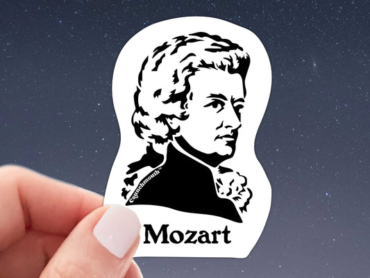 wolfgang amadeus mozart vinyl laptop sticker, starry night background