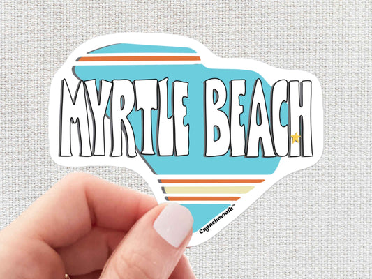 myrtle beach sticker, hand display, white textured background