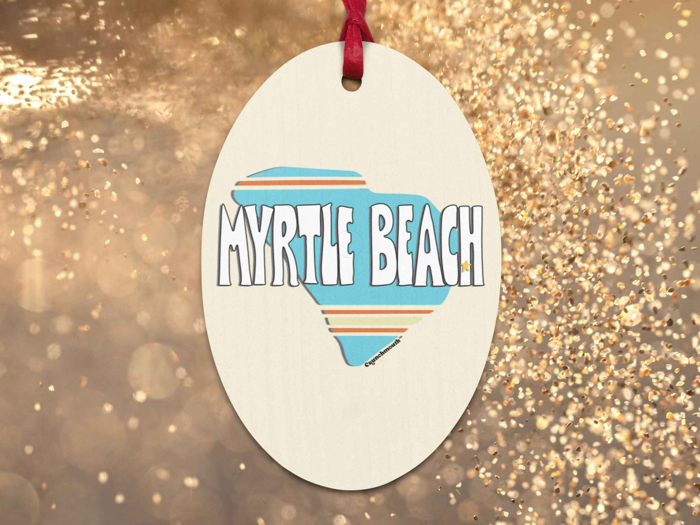 myrtle beach Christmas ornament, back, gold glitter background