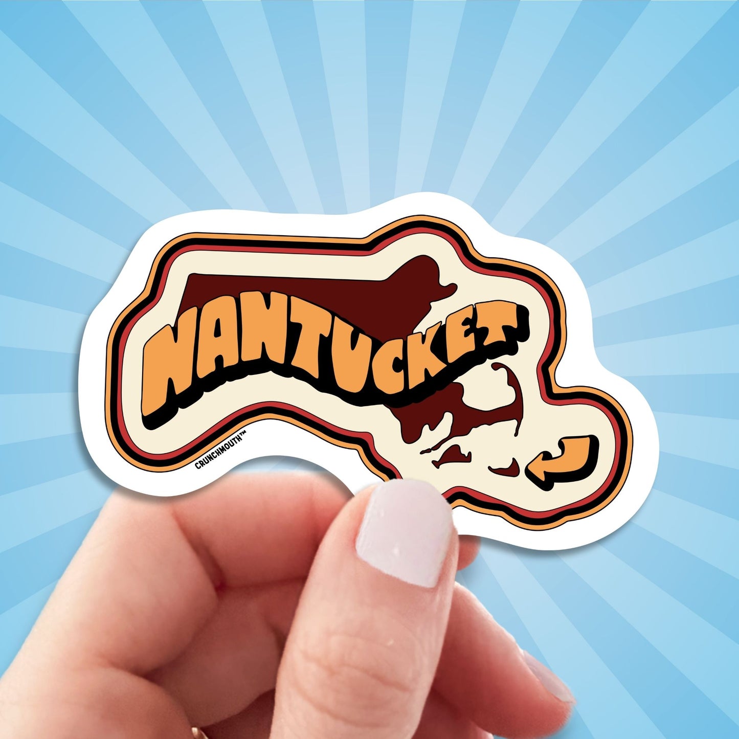 Nantucket island travel luggage sticker, hand display, sun rays design background
