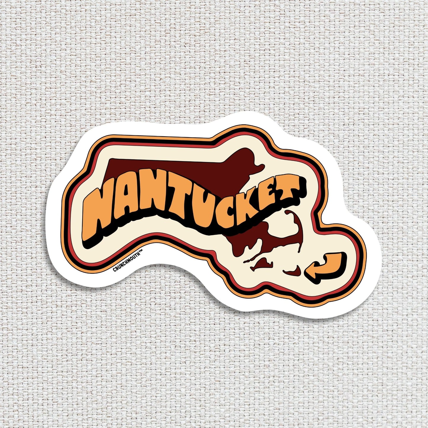 Nantucket island travel luggage sticker, textured fabric background

