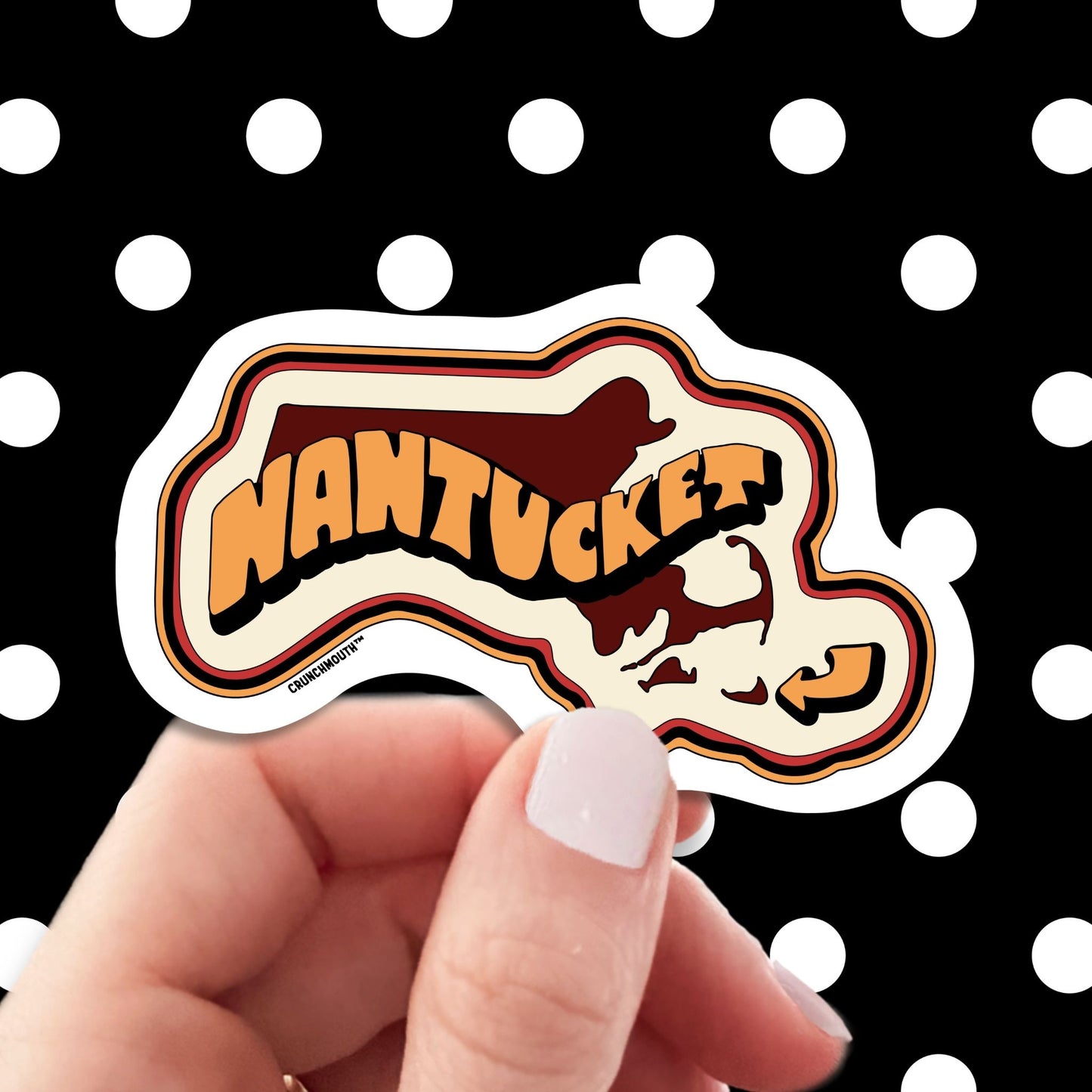 Nantucket island travel luggage sticker, hand display, polka dots pattern design background
