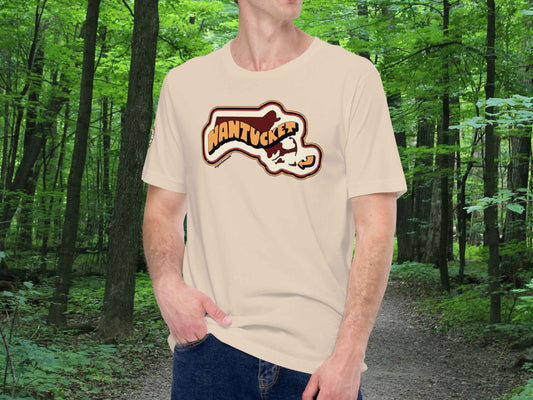 nantucket t shirt, front, male model, forest trail background