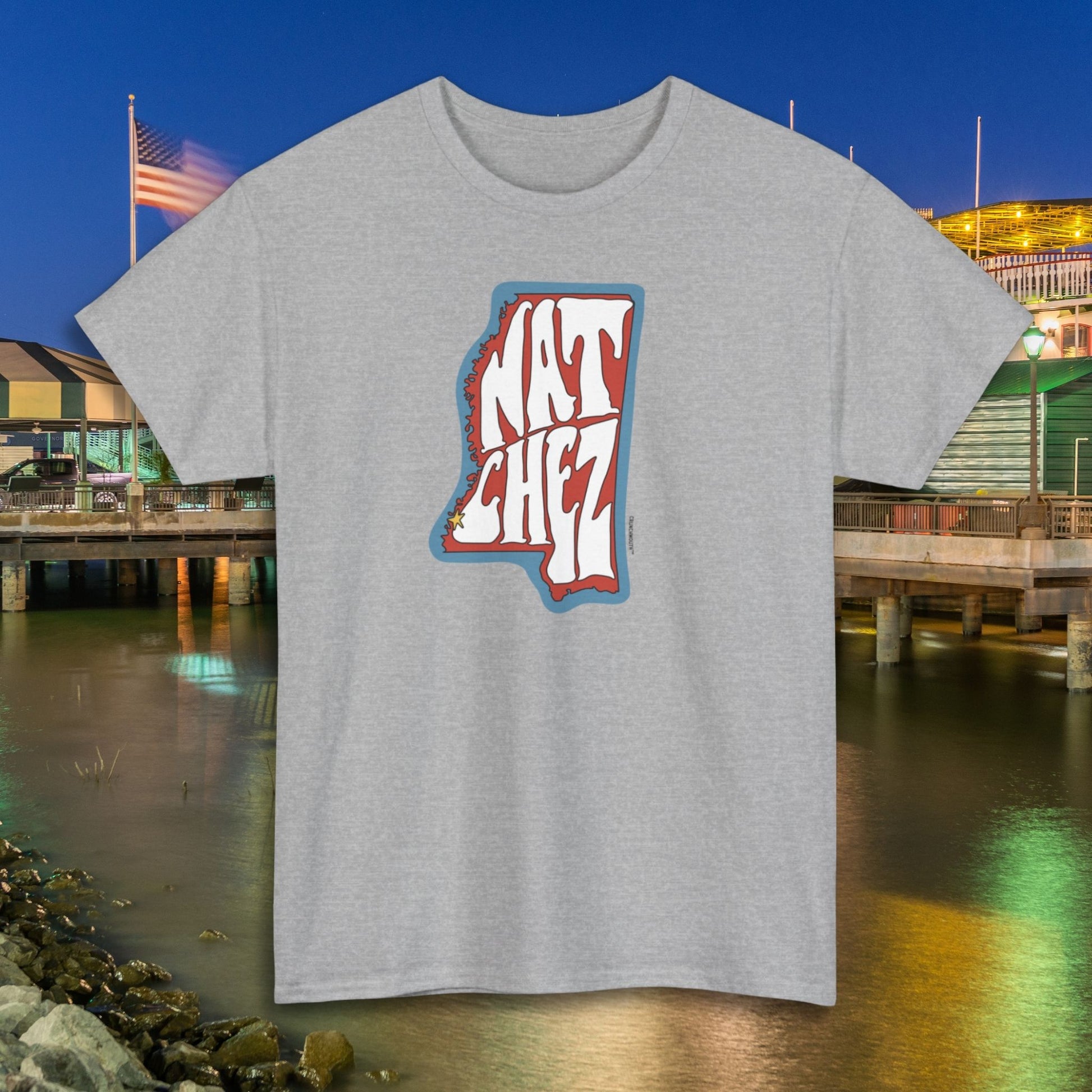 natchez mississippi shirt, front, sport grey color, natchez riverboat background