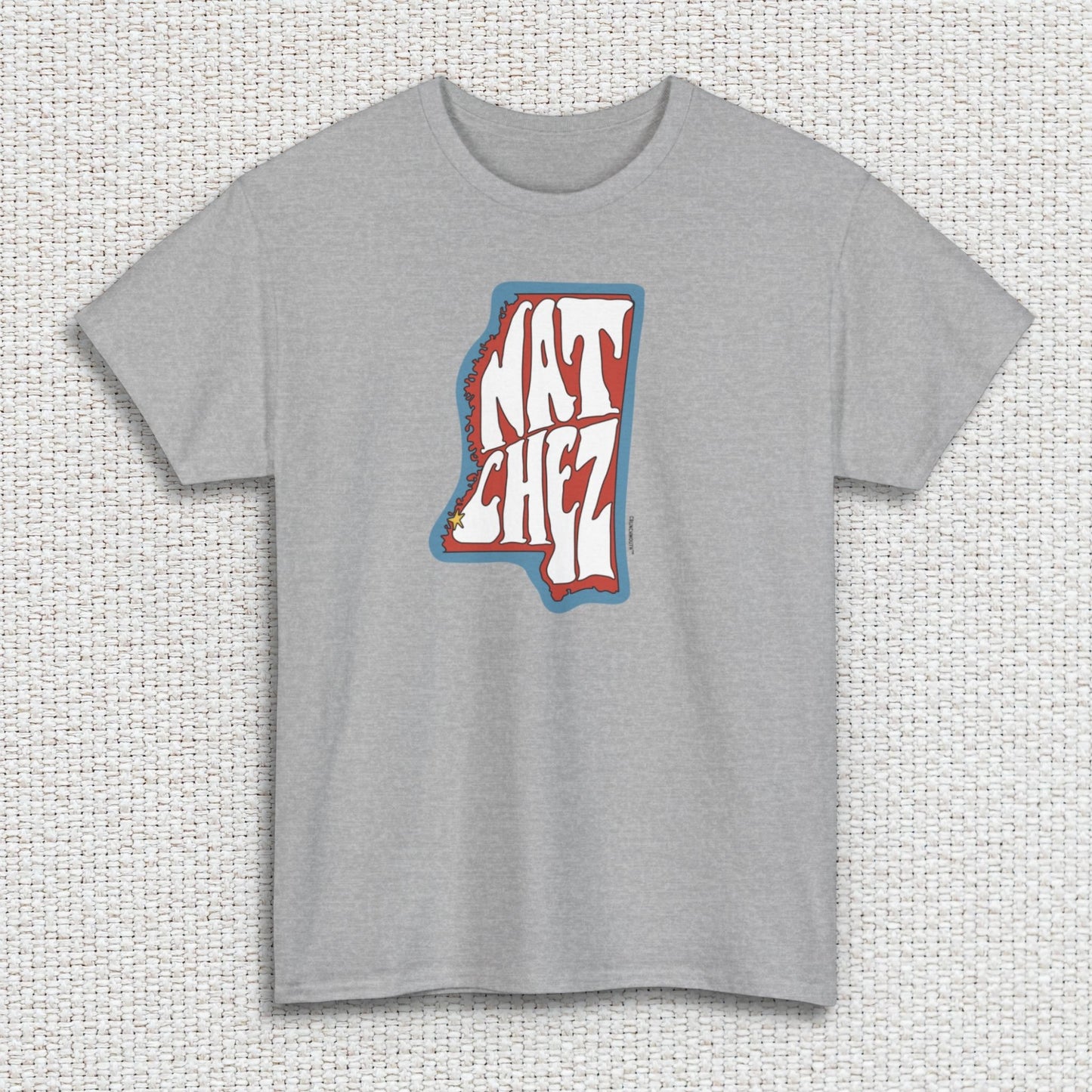 natchez mississippi shirt, front, sport grey color, textured fabric background