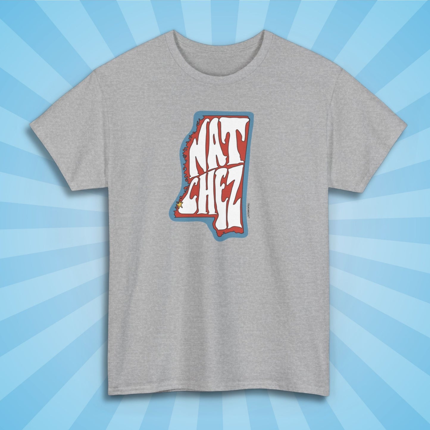 natchez mississippi shirt, front, sport grey color, sun rays design background