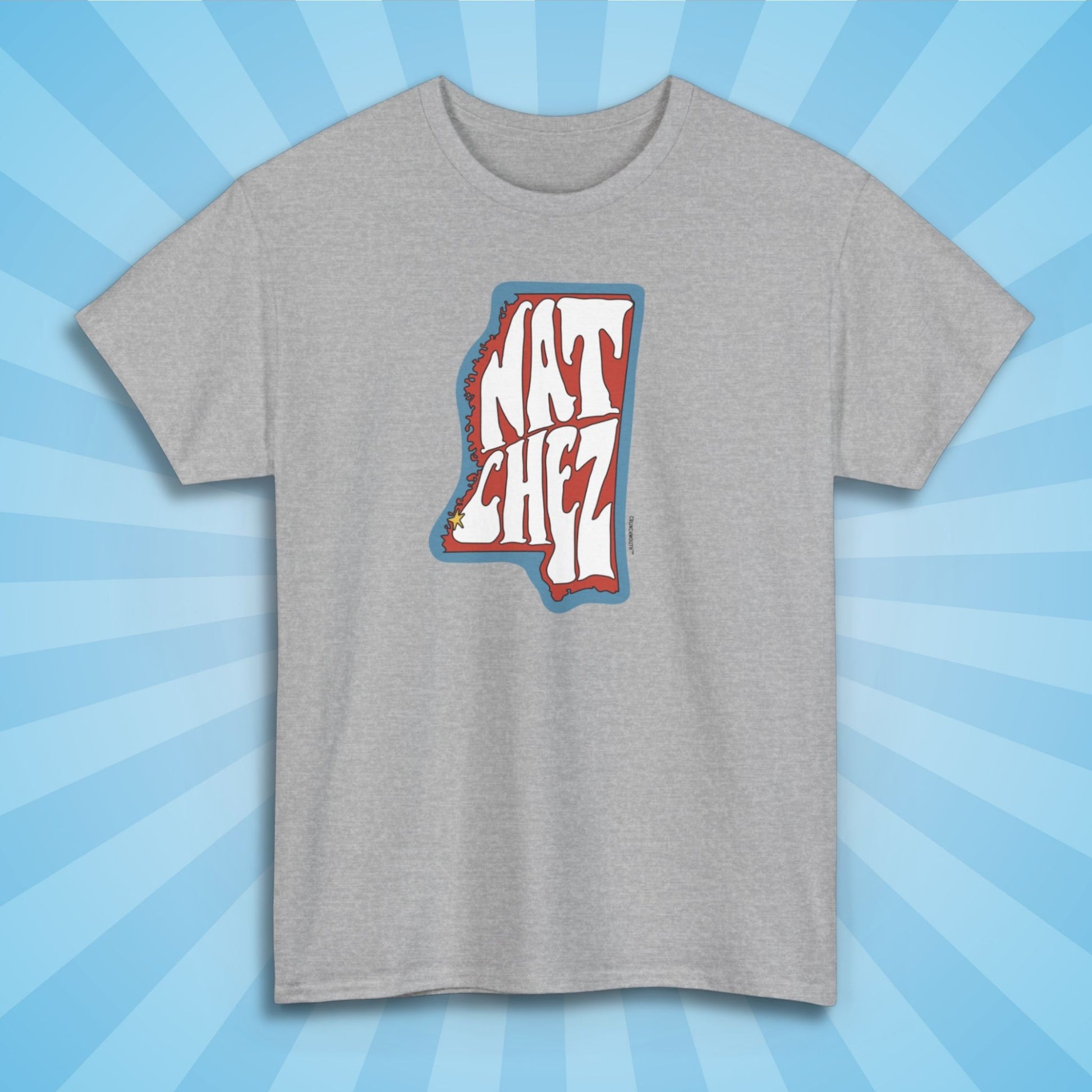 natchez mississippi shirt, front, sport grey color, sun rays design background