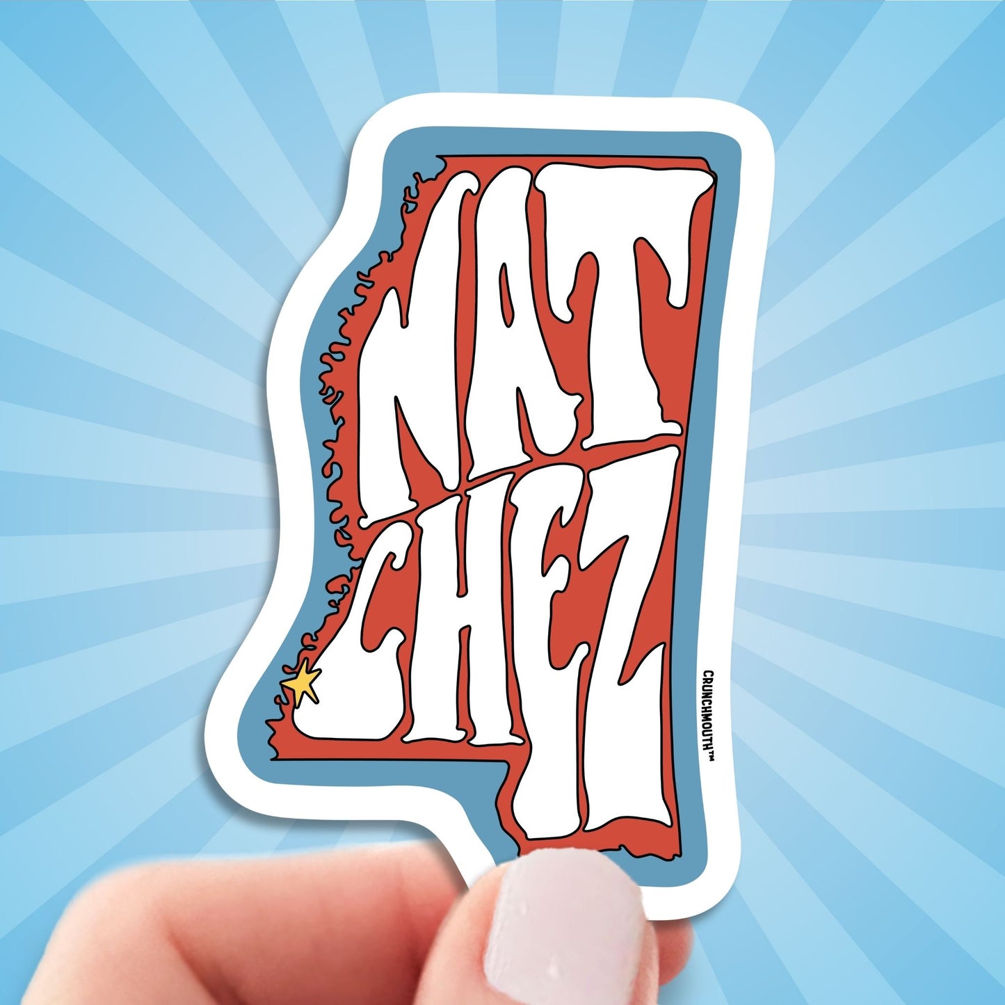 natchez mississippi travel luggage sticker, hand display, sun rays design background