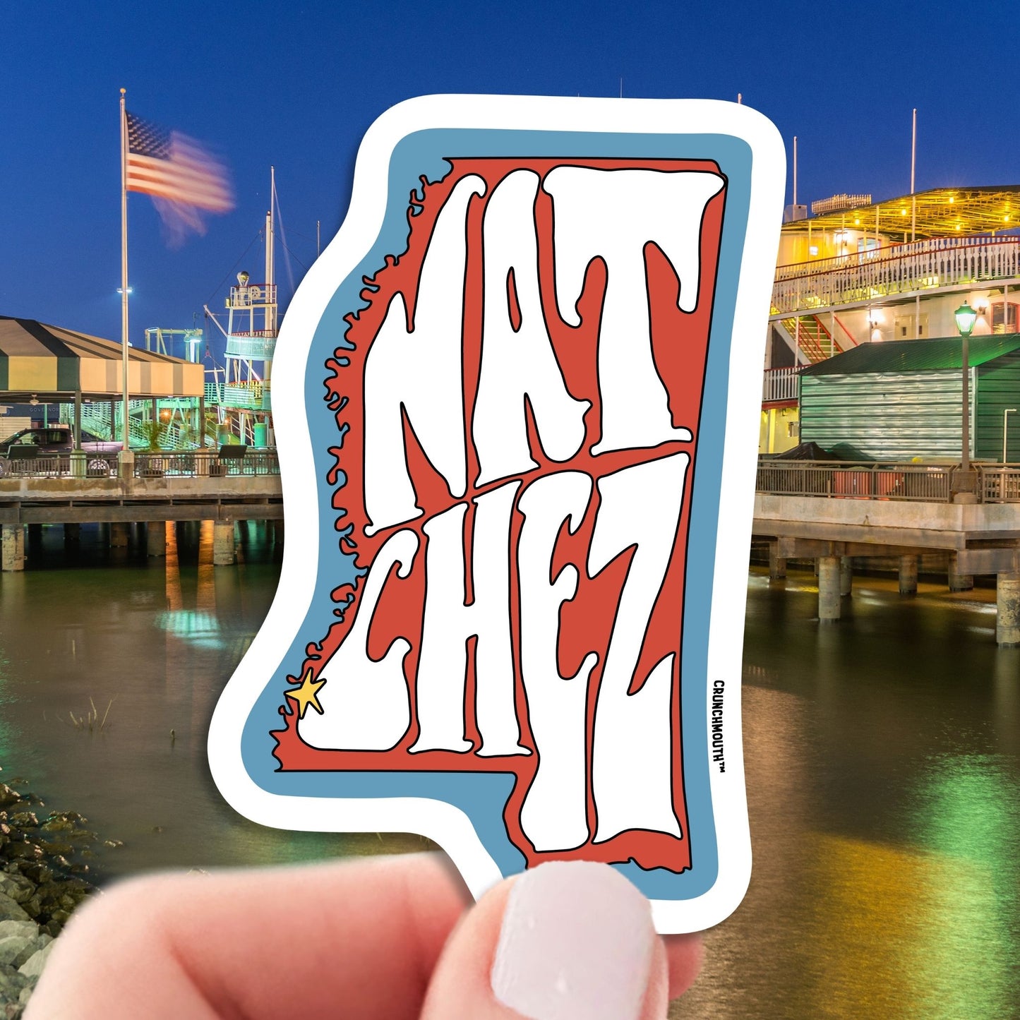 natchez mississippi travel luggage sticker, hand display, natchez riverboat background