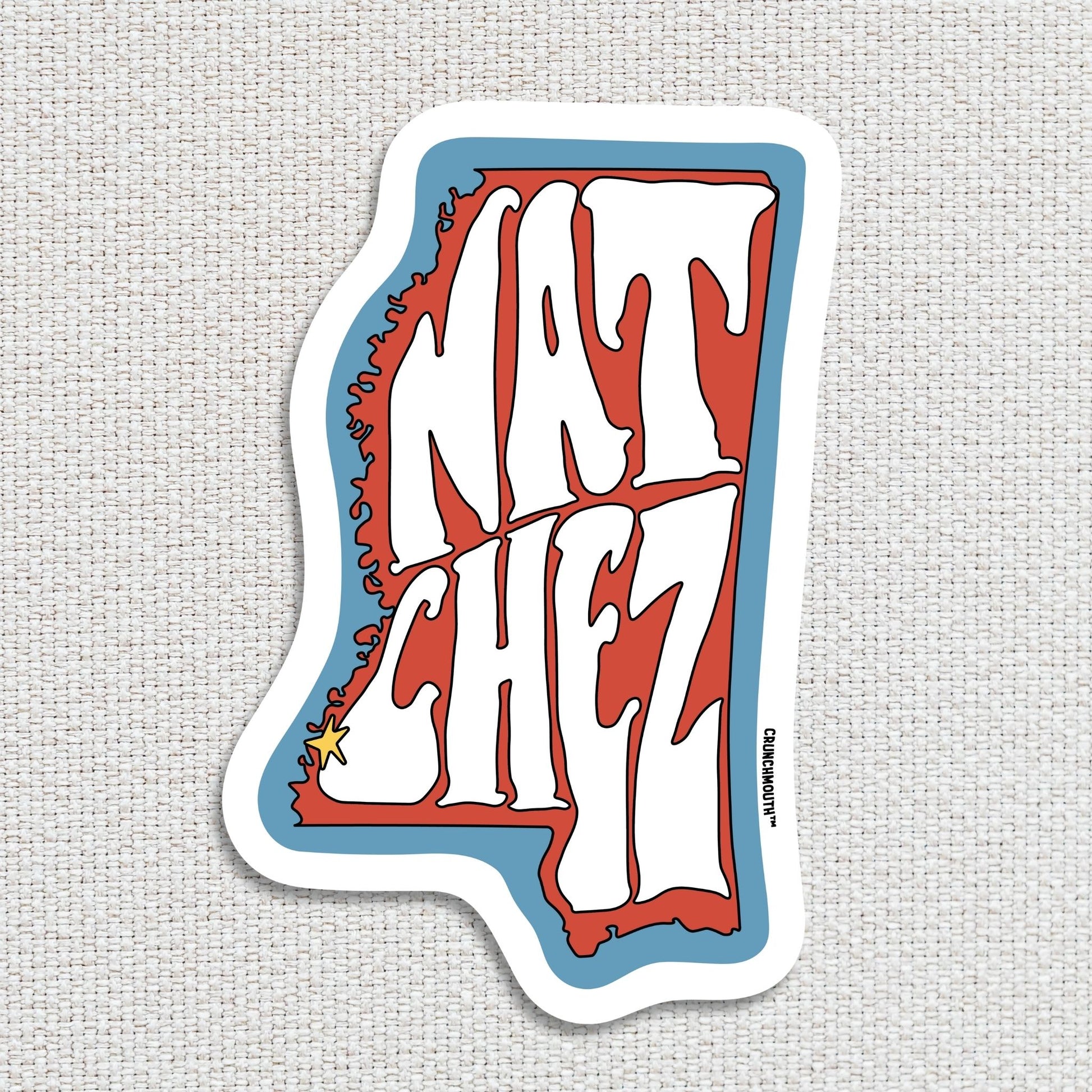 natchez mississippi travel luggage sticker, textured fabric background