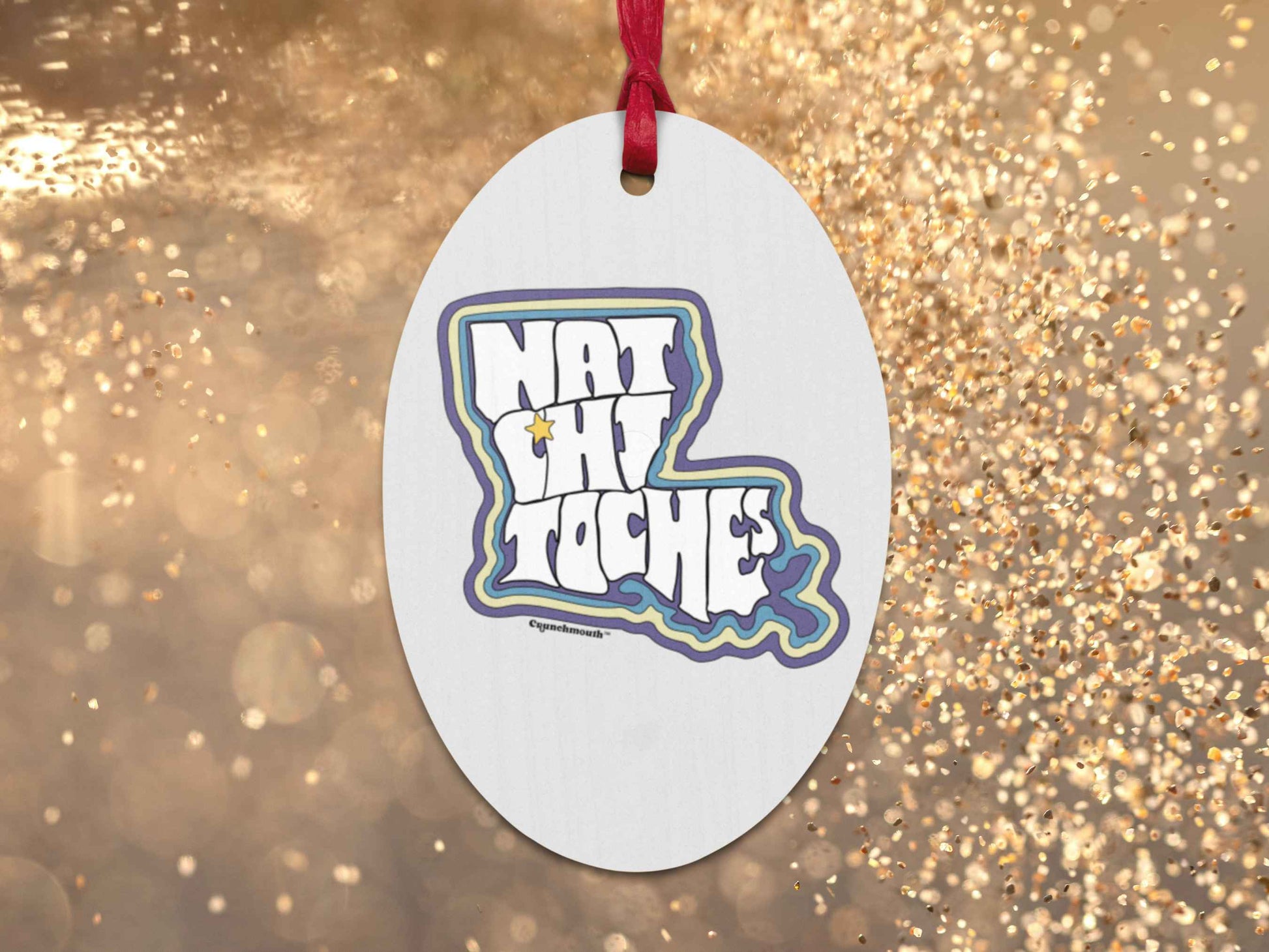 natchitoches la ornament, retro Christmas ornaments, back, gold sparkle background