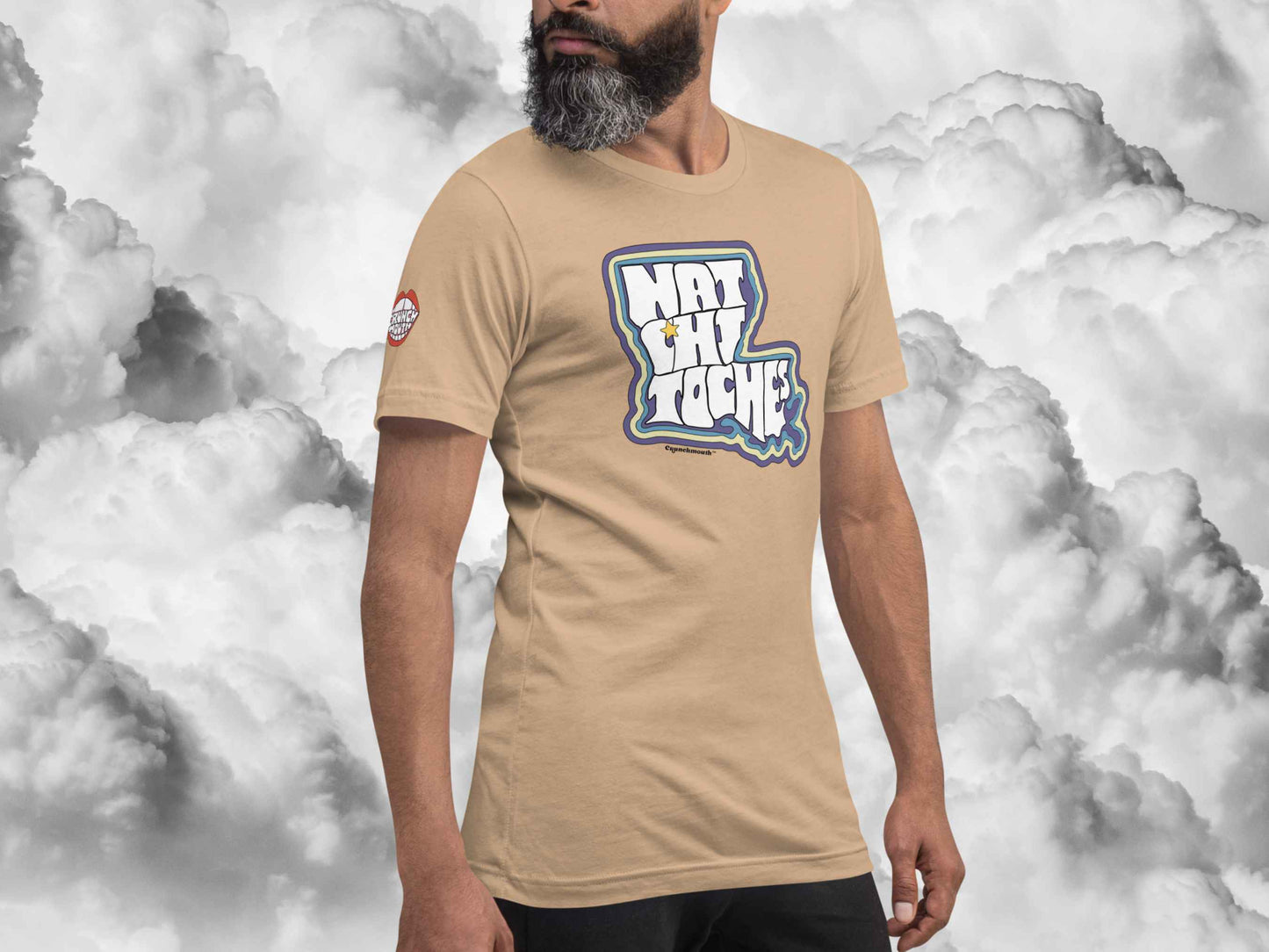 natchitoches la shirt, souvenir t shirts, front right, male model, white cloud background