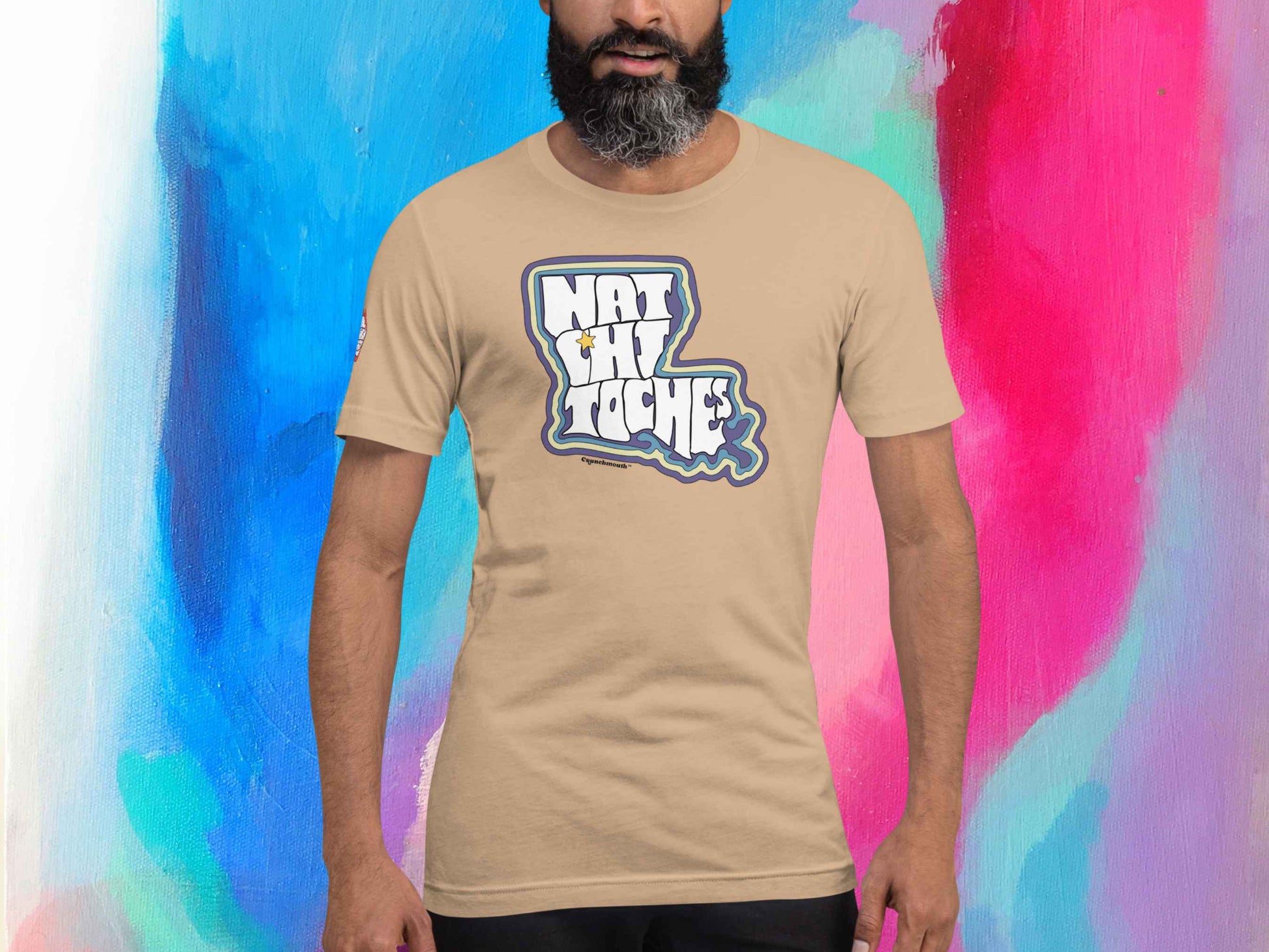 natchitoches la shirt, souvenir t shirts, front, male model, tie dye background