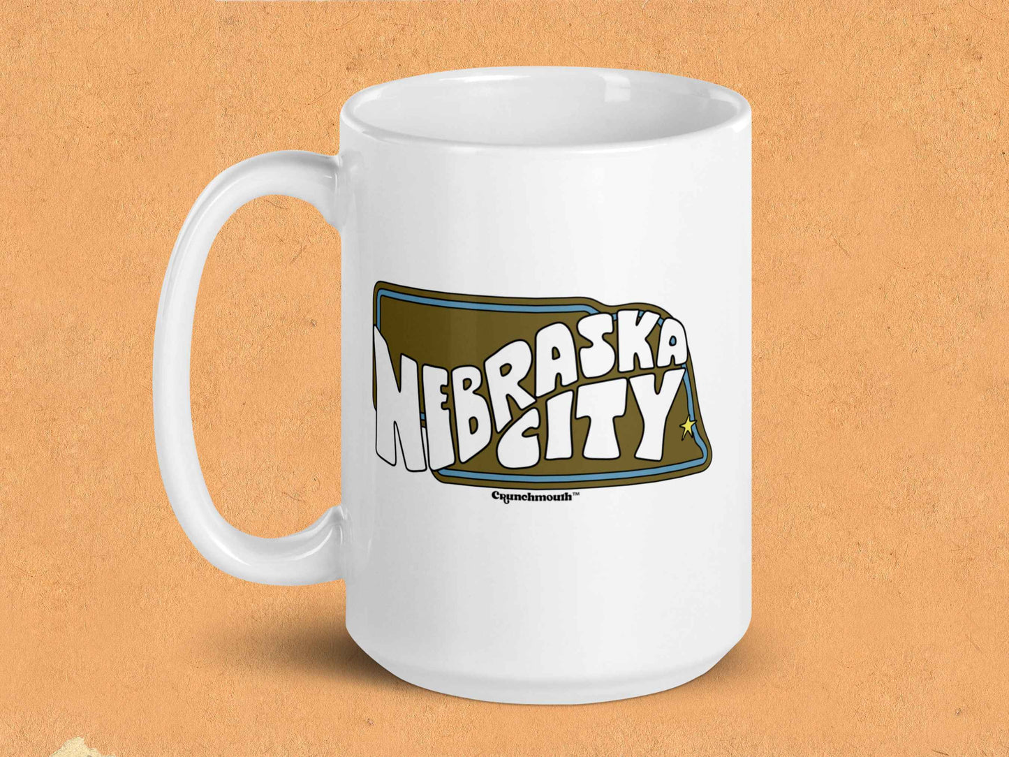 nebraska city mug, souvenir coffee mugs, 15 oz, handle on left, orange textured background