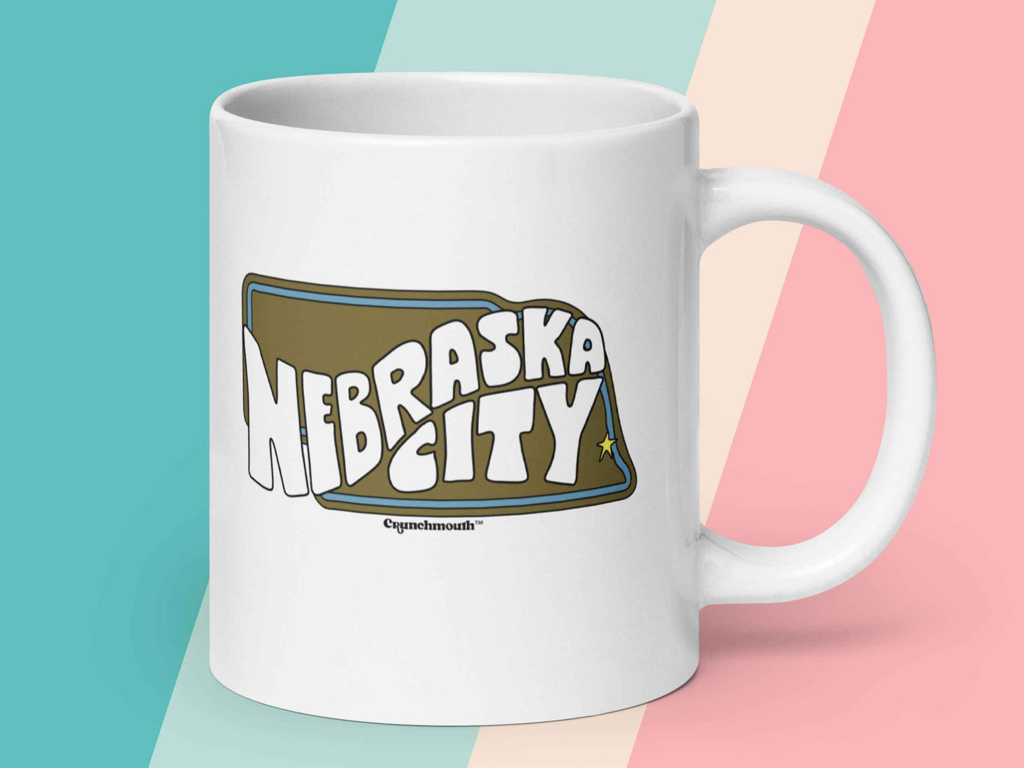 nebraska city mug, souvenir coffee mugs, 20 oz, handle on right, pastel stripe background