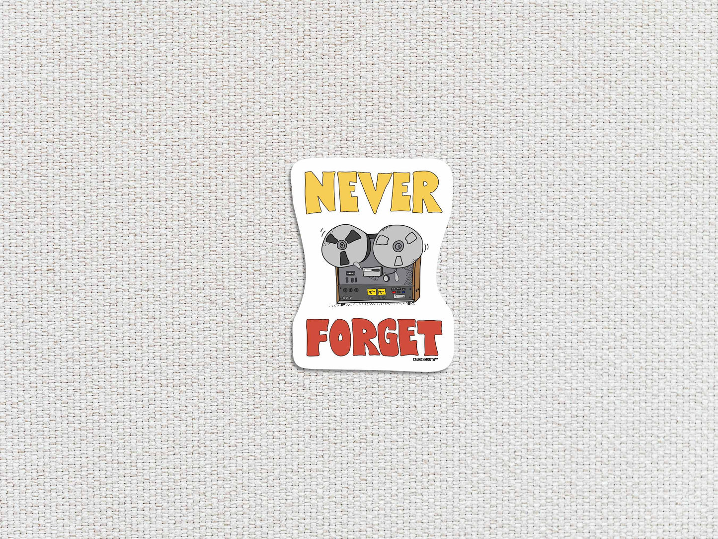 never forget, funny reel to reel player laptop sticker, white textured background