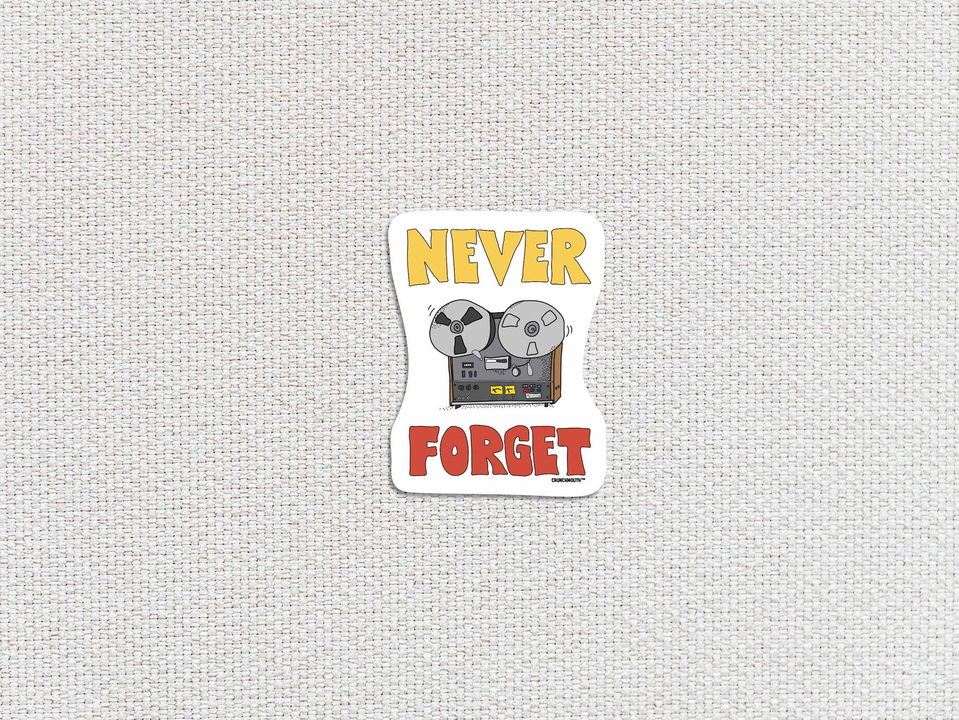 never forget, funny reel to reel player laptop sticker, white textured background