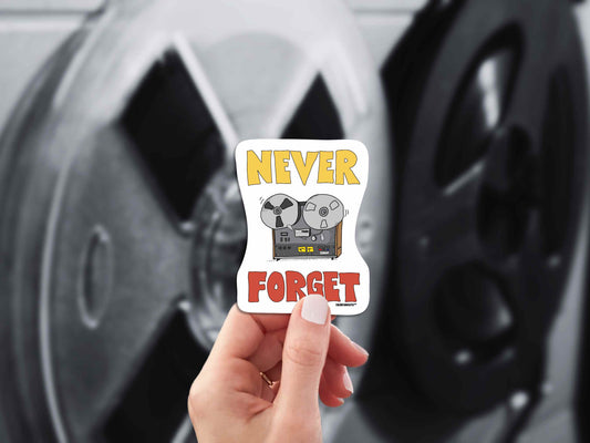 reel-to-reel player never forget sticker, hand display, reel to reel player background