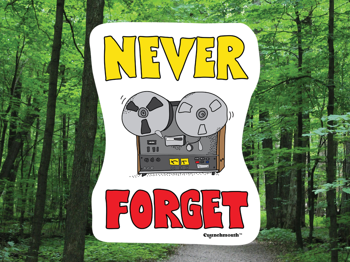 vintage reel to reel player laptop sticker, forest background