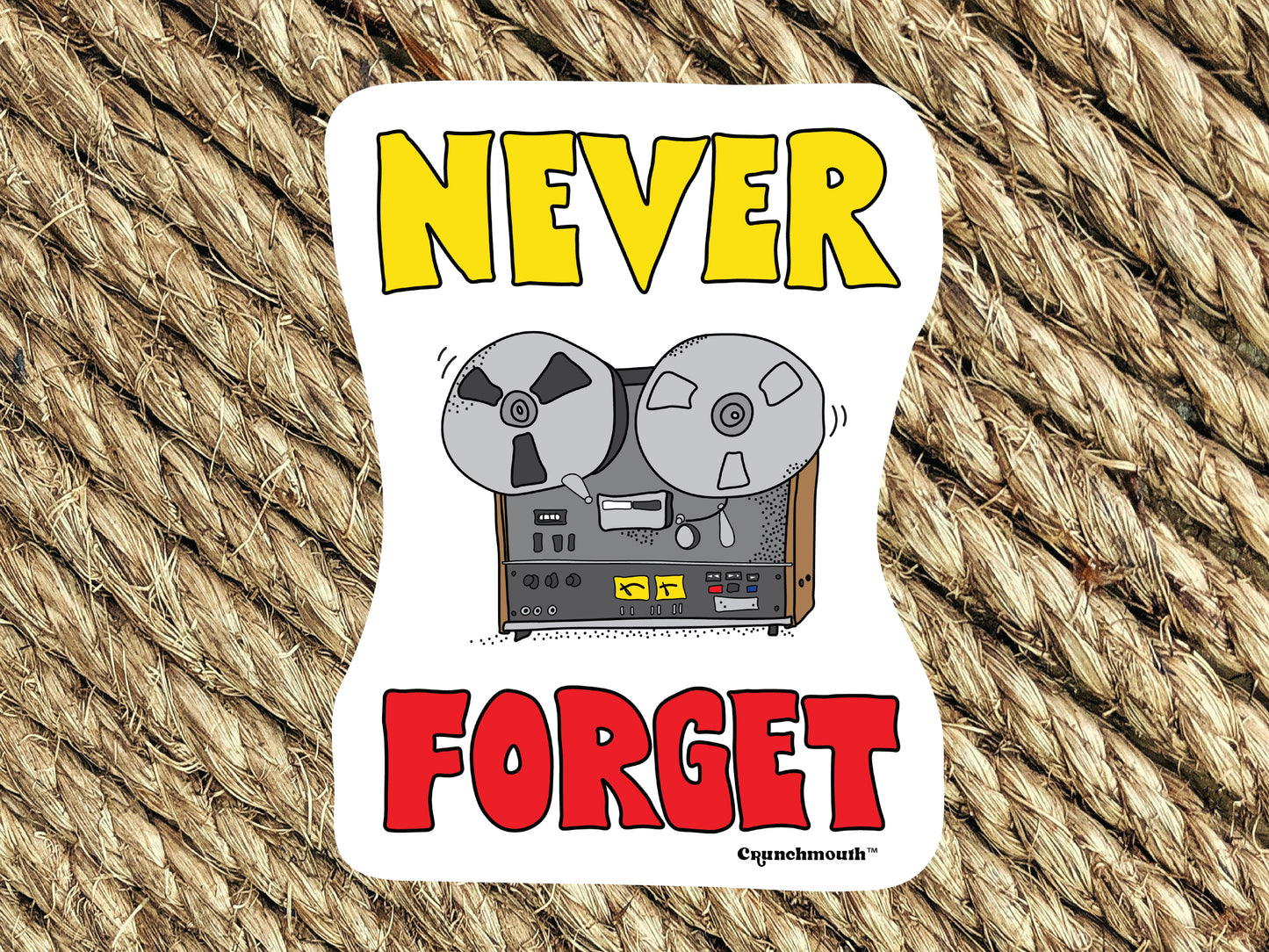 never forget reel-to-reel player sticker, woven rug background