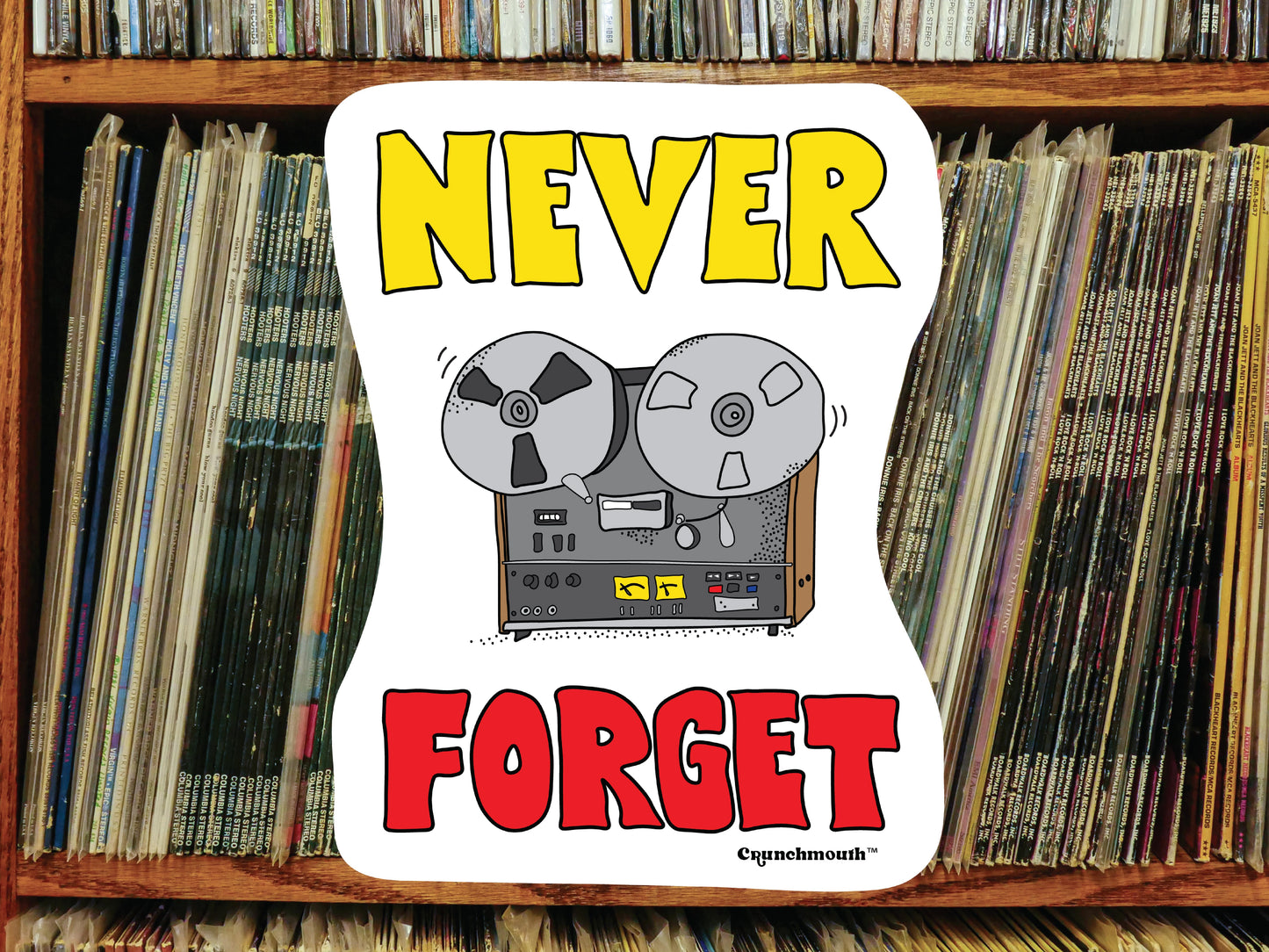 never forget reel to reel player water bottle sticker, vinyl record shelf background