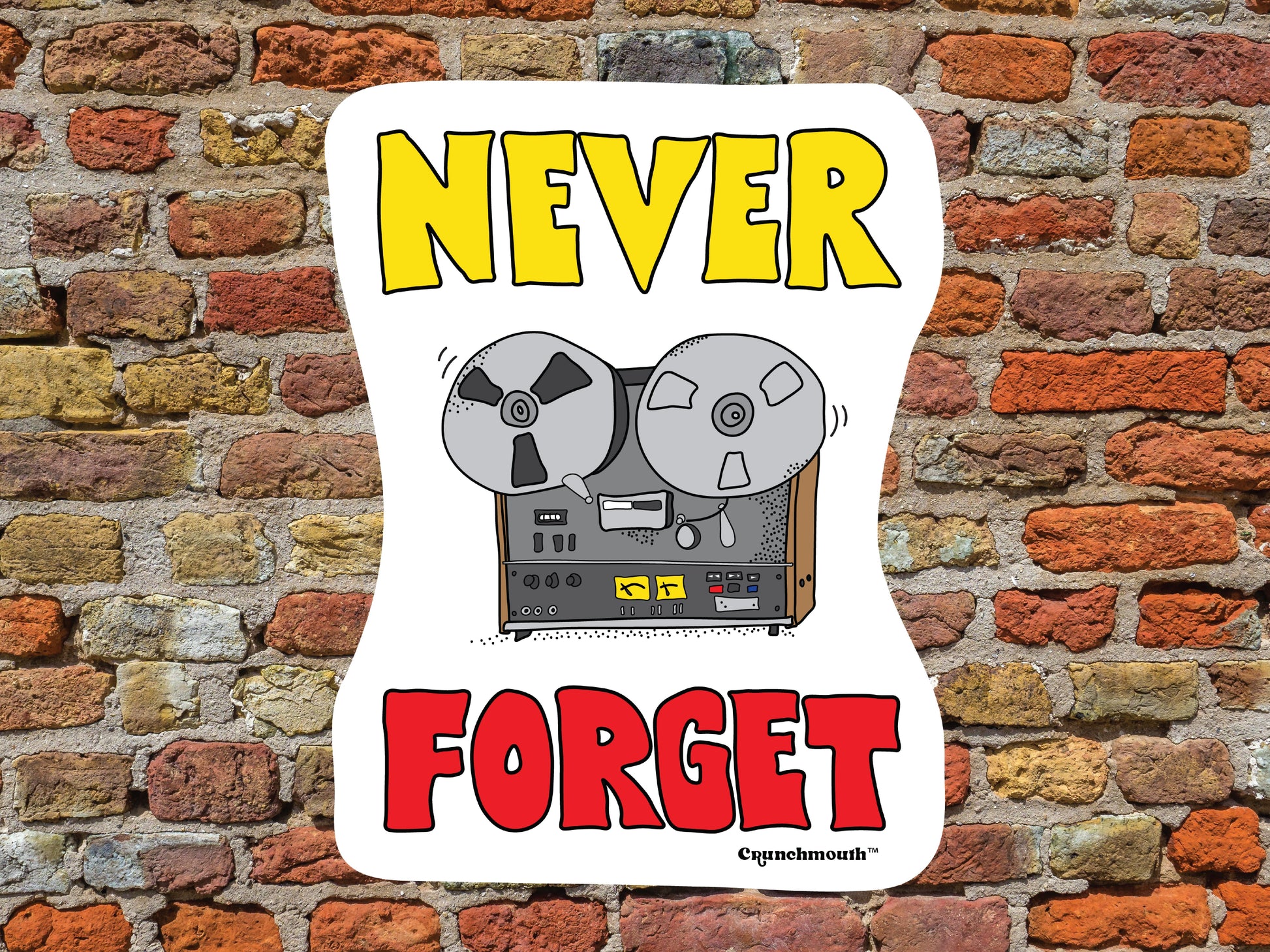 reel-to-reel player funny sticker, red brick wall background