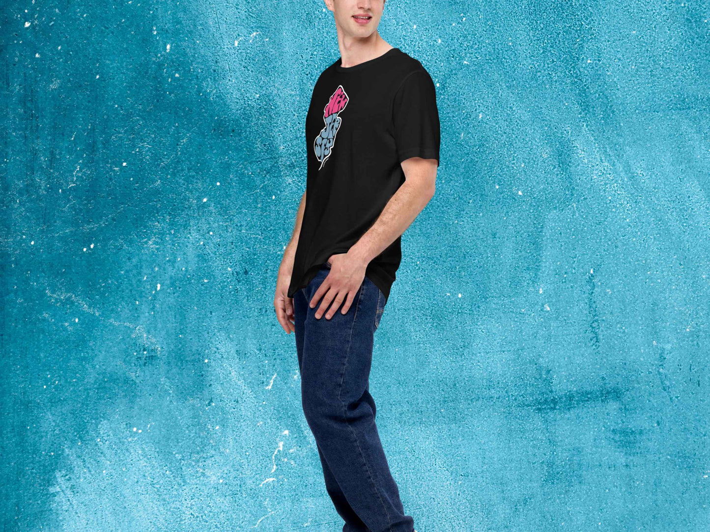 new jersey shirt, souvenir t shirts, male model, front left, blue textured background