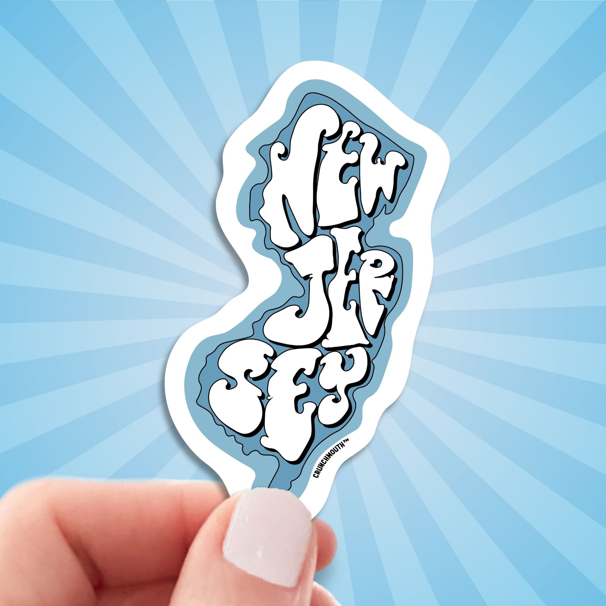 new jersey travel luggage sticker, hand display, sun rays design background
