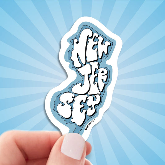 new jersey travel luggage sticker, hand display, sun rays design background
